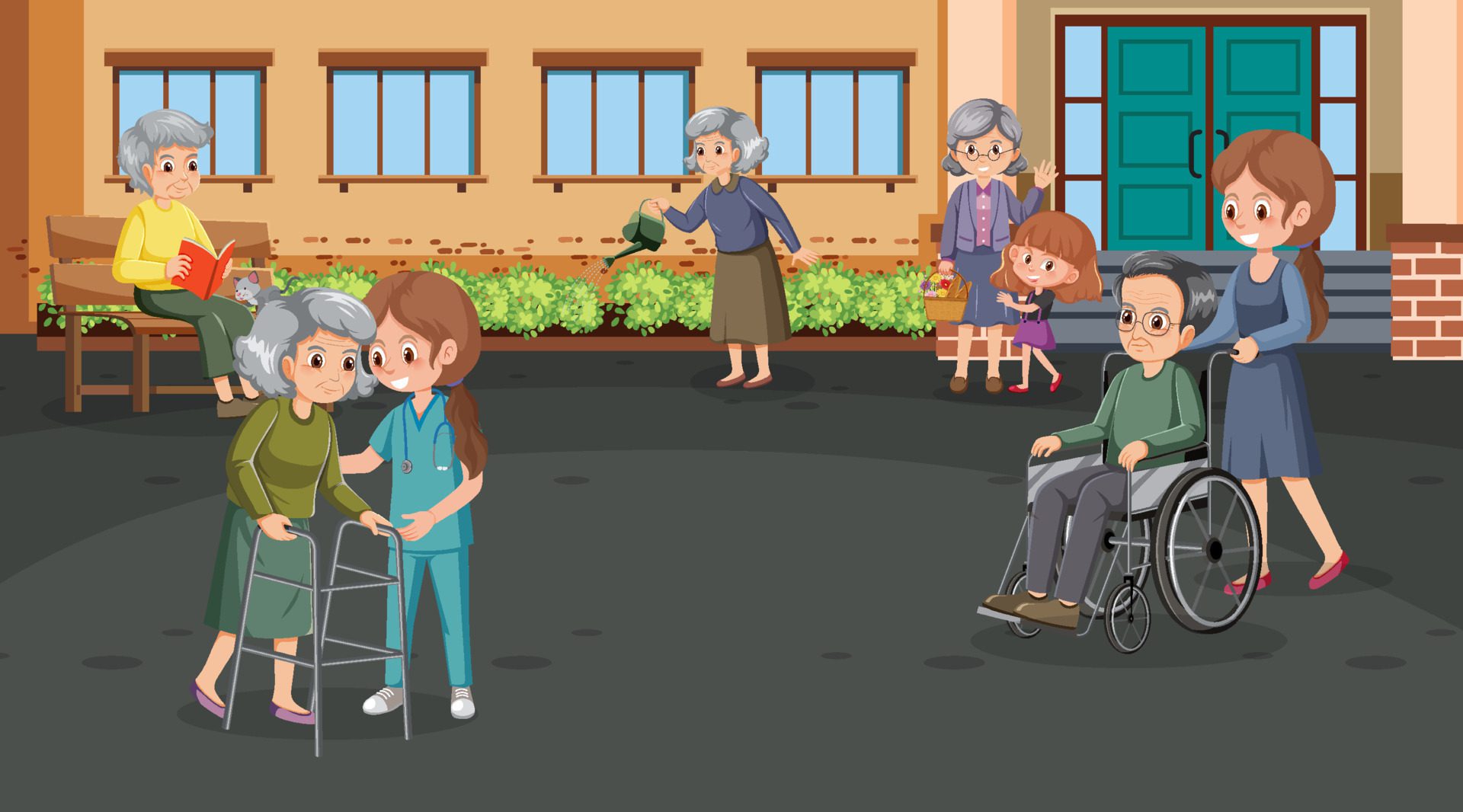 Outdoor park with elderly people and caregivers Free Vector