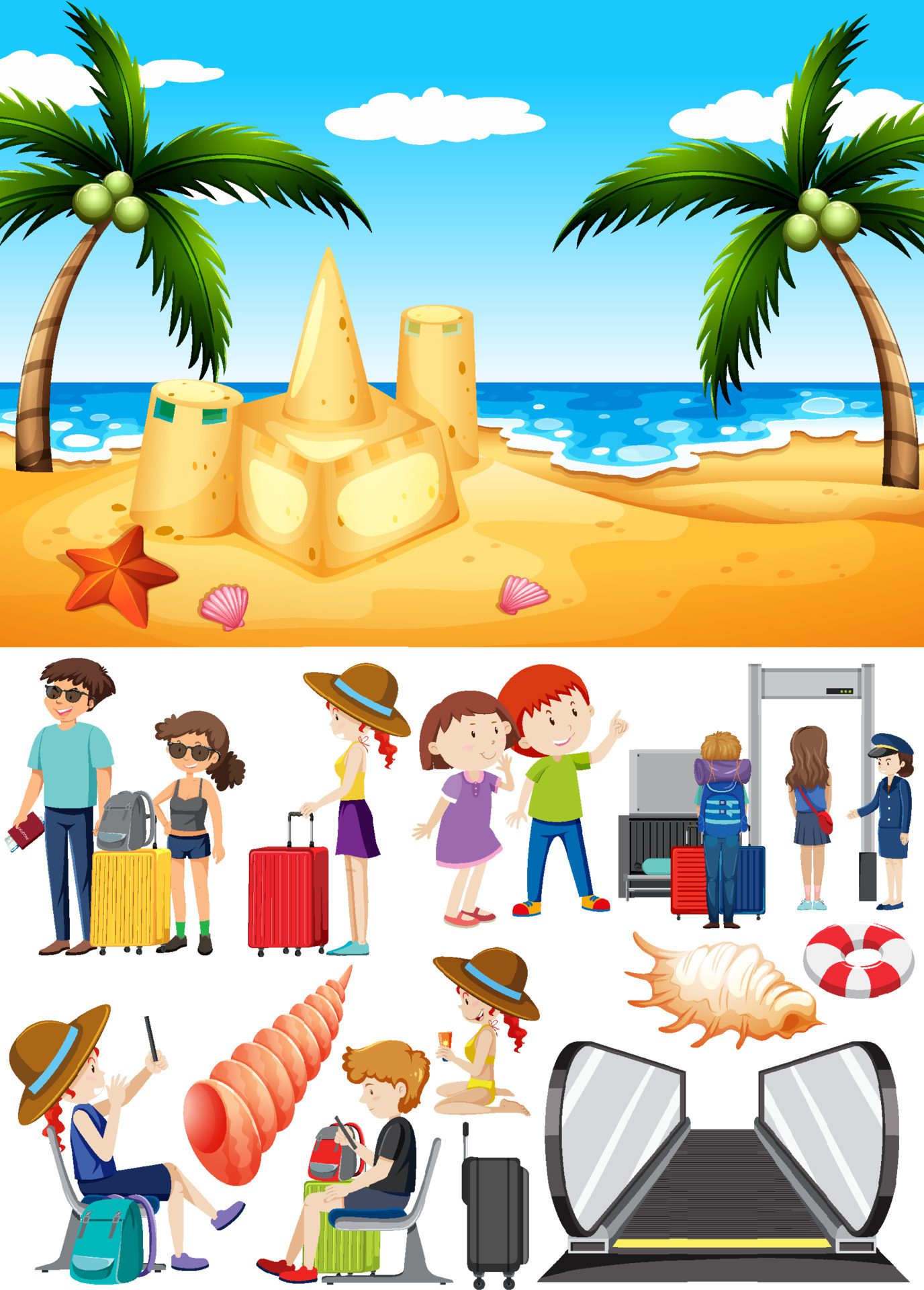 Set of people and scene for travel Free Vector