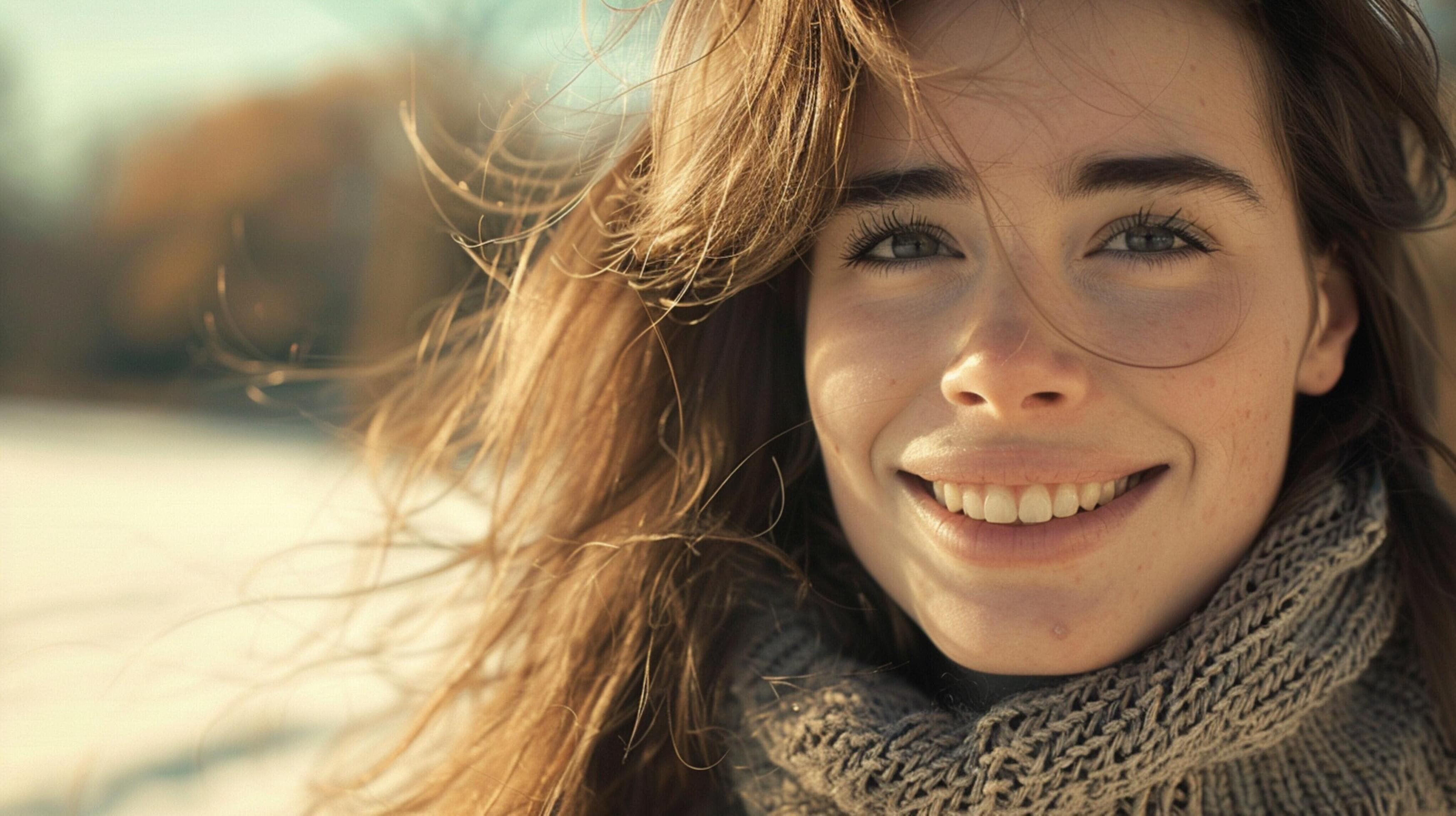 young woman with long brown hair smiling Stock Free