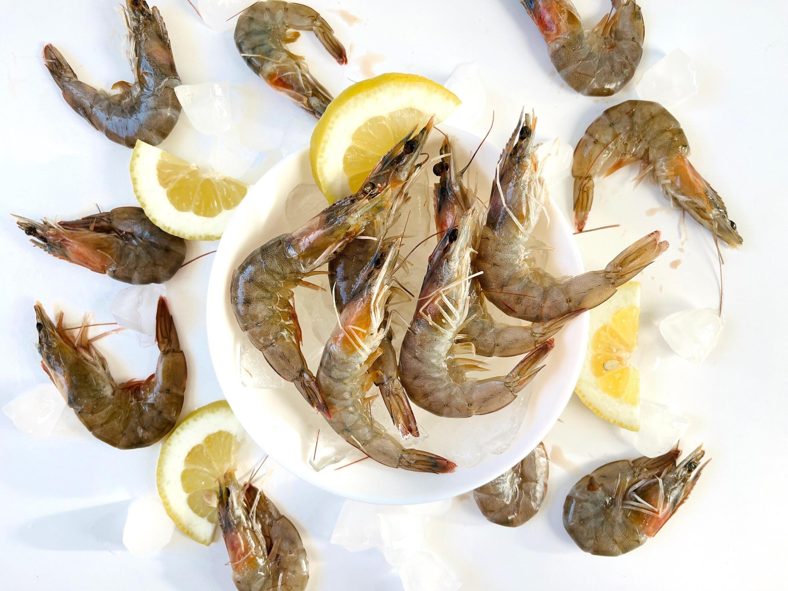 Healthy food. Fresh shrimps with ice and lemon on plate on white background top view Stock Free