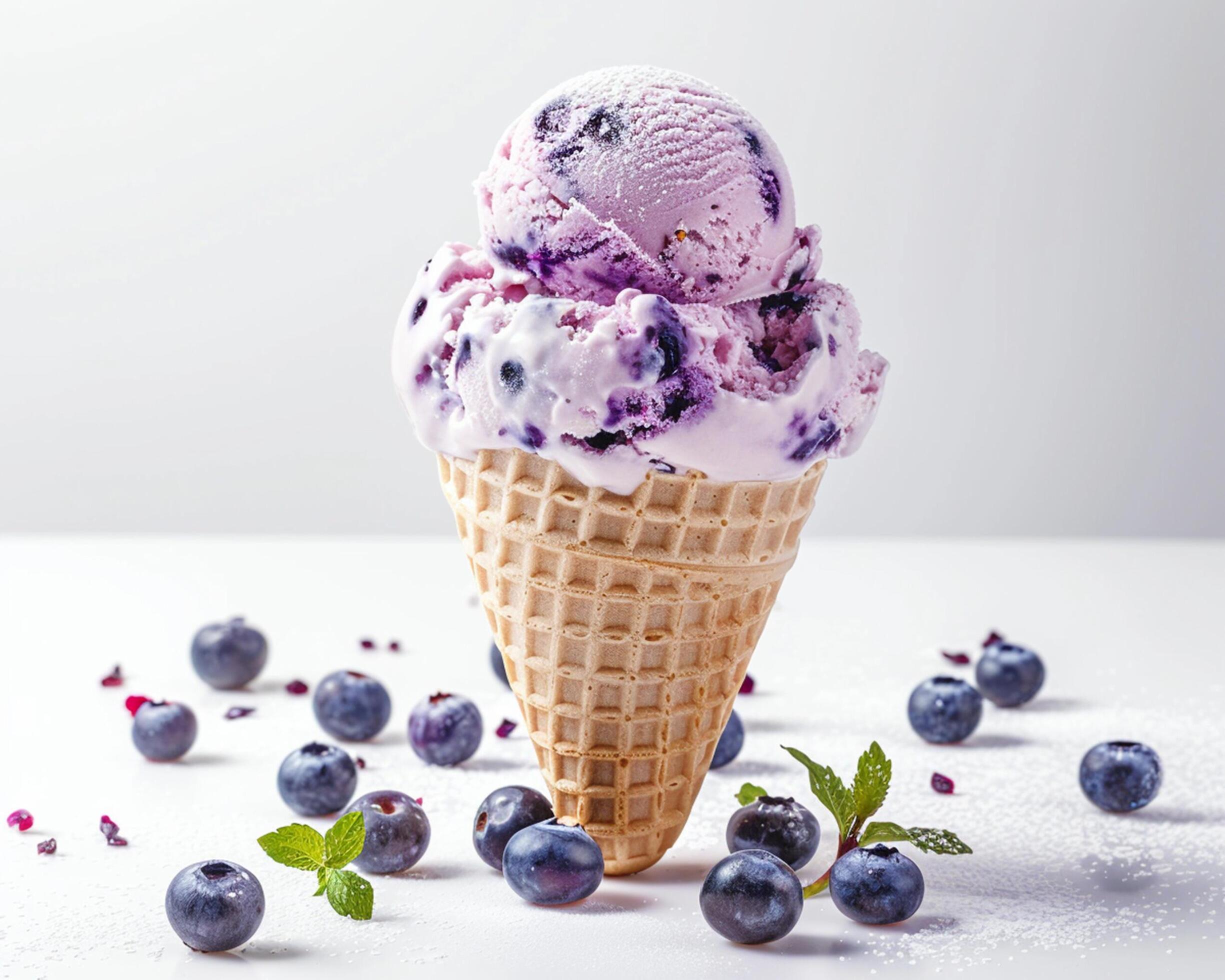 blueberry ice cream in a waffle cone with berries around it Stock Free