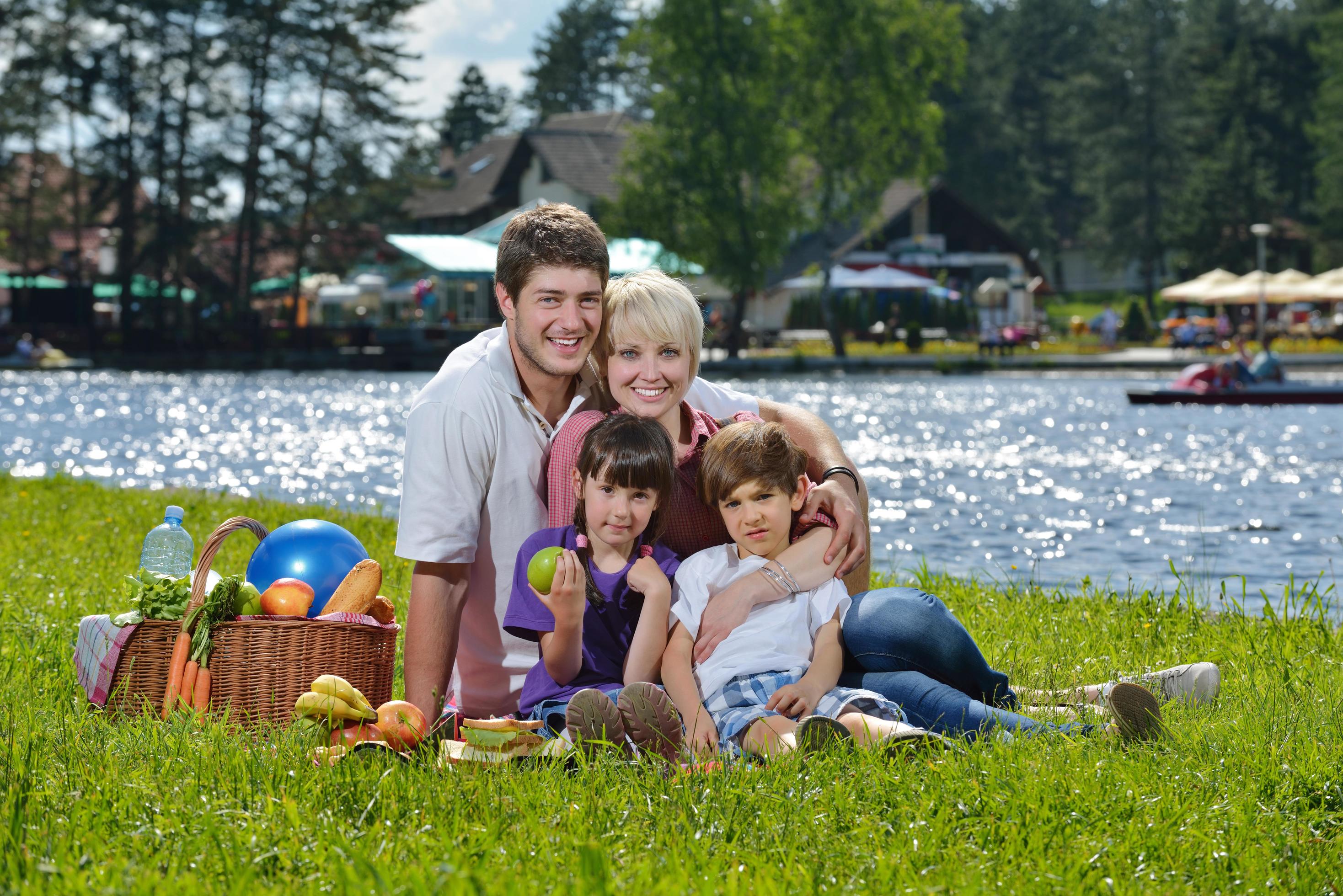 Happy family playing together in a picnic outdoors Stock Free