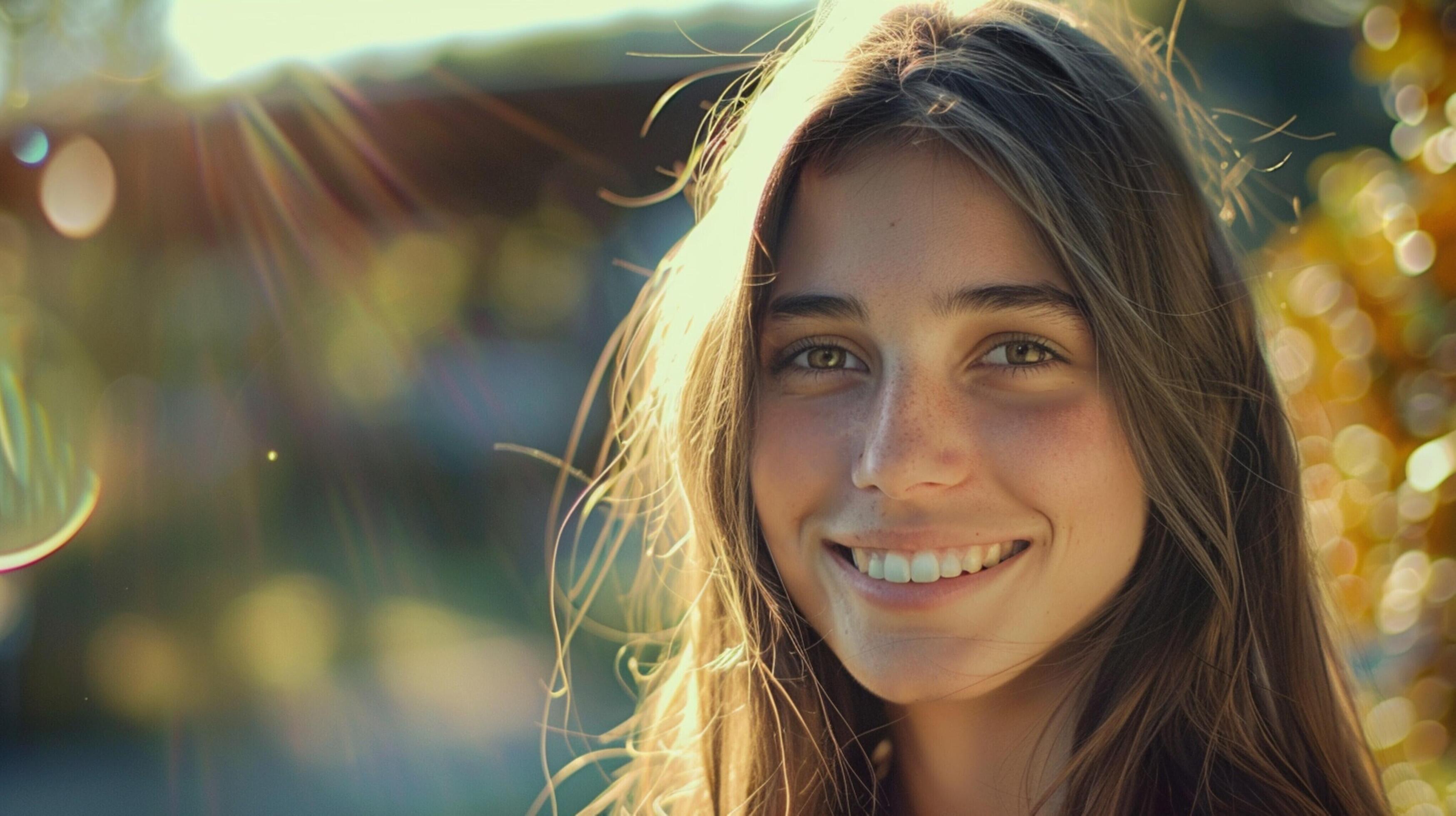 young woman with long brown hair smiling Stock Free