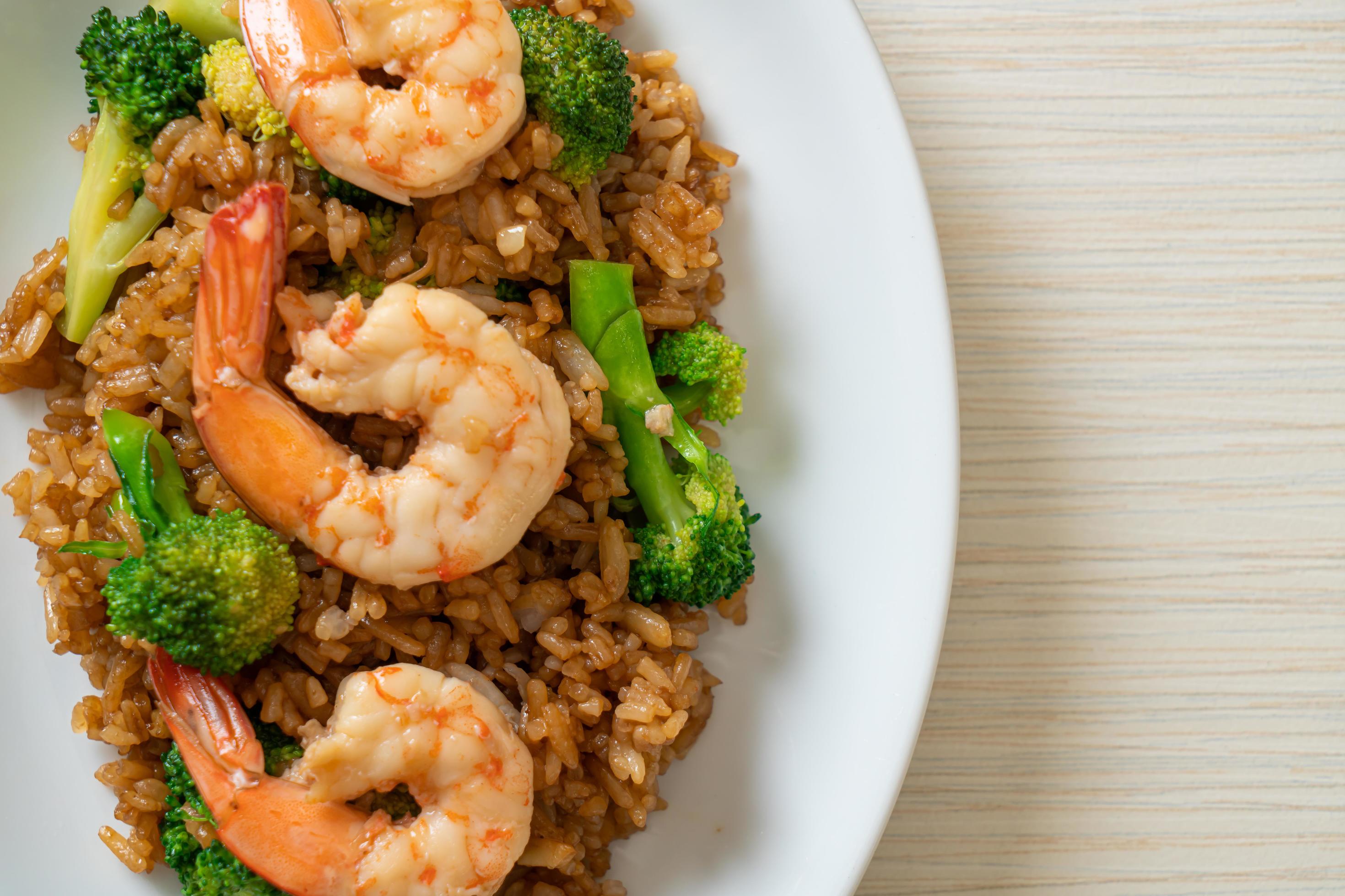 Fried rice with broccoli and shrimp – Homemade food style Stock Free