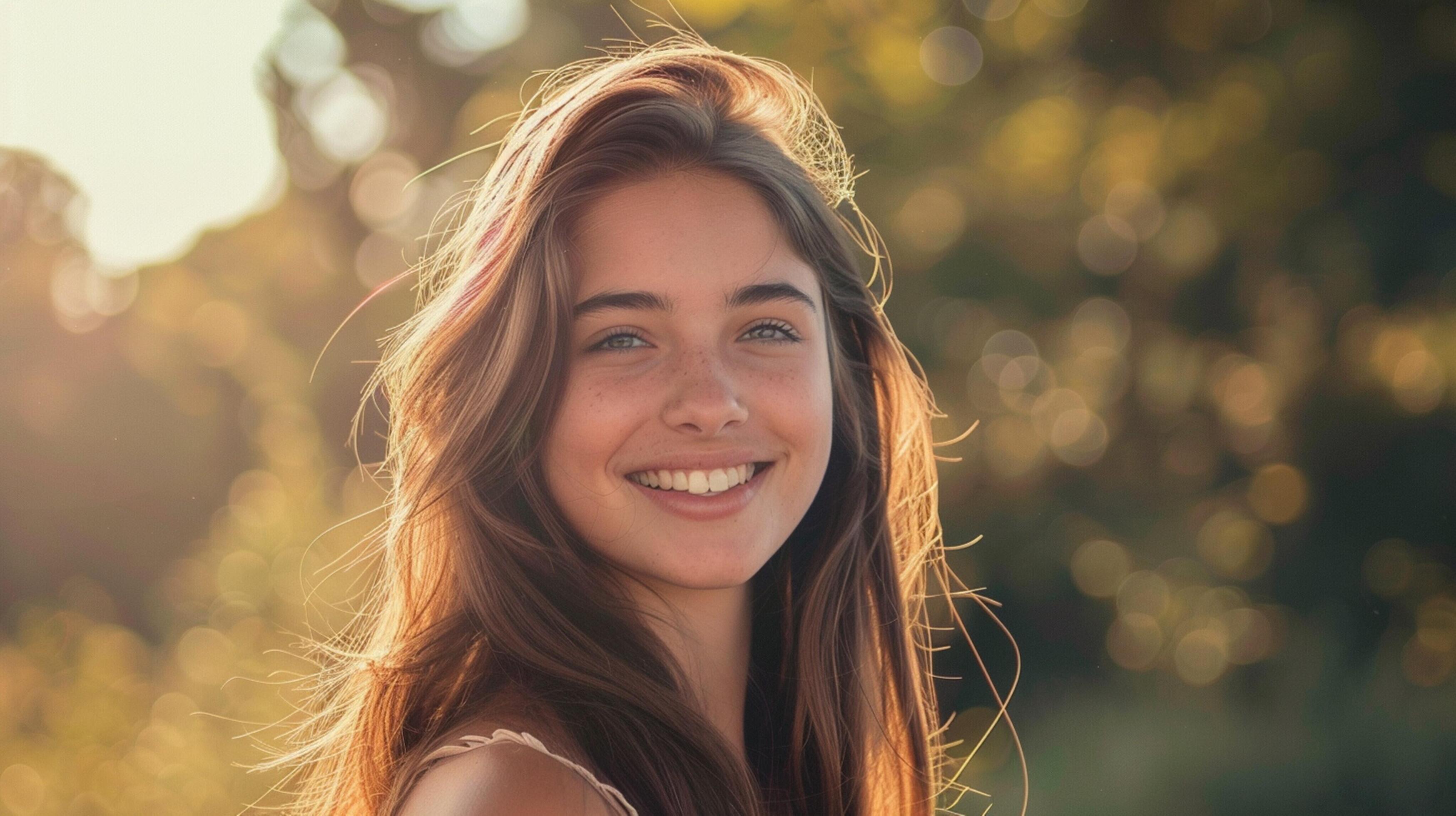 young woman with long brown hair smiling Stock Free