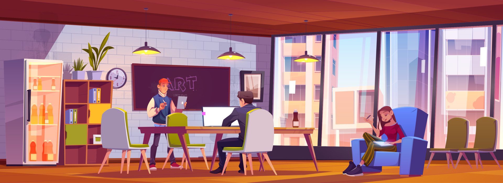 People in loft coworking office develop idea. Free Vector