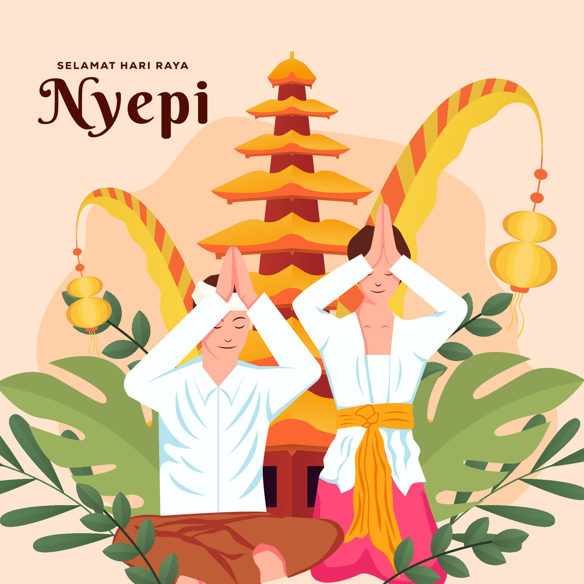 Nyepi Bali’s day of silence illustration with two people praying Free Vector