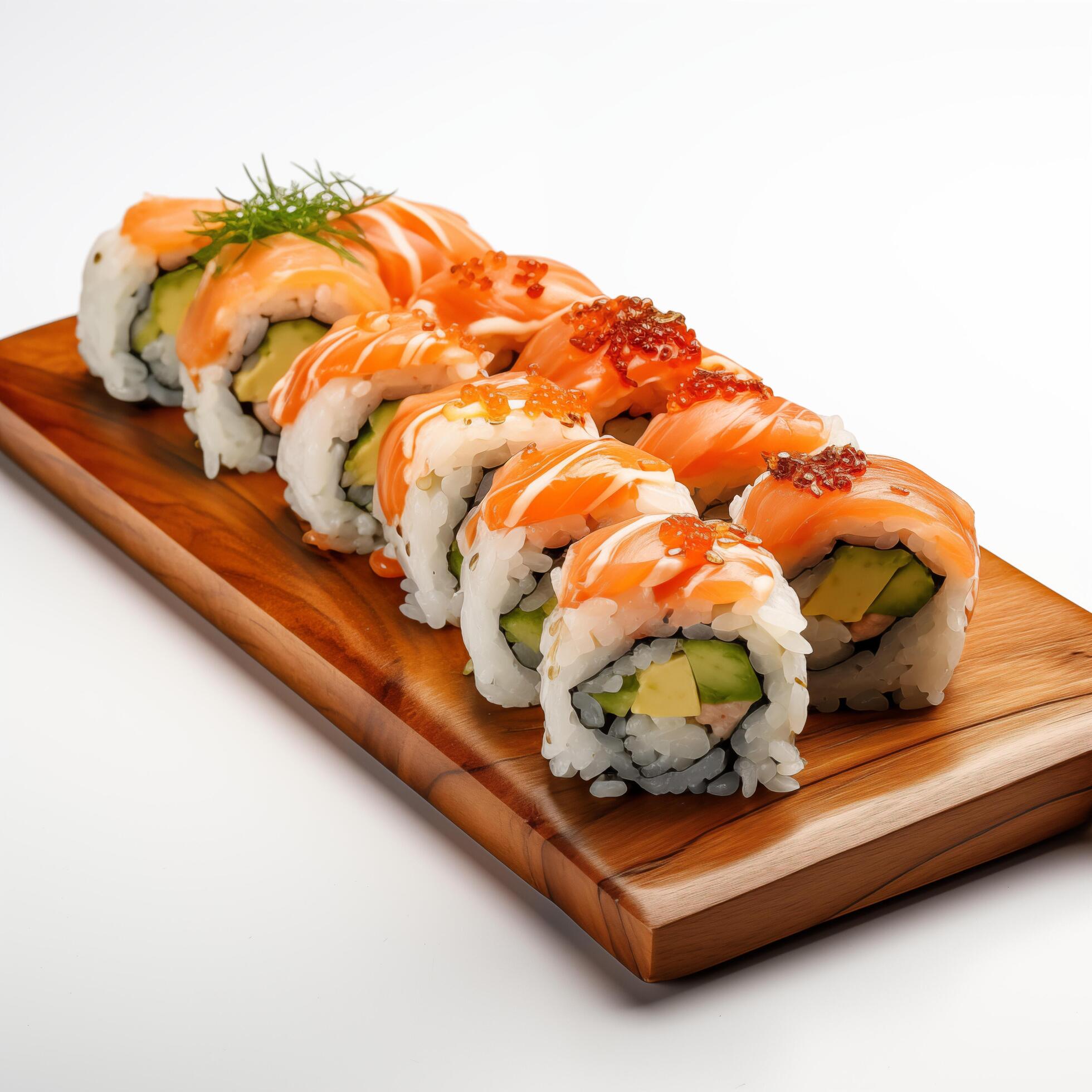 Wooden desk with different kinds of sushi isolated on white background. Photo for restaurant menu, advertising, delivery, banner Stock Free