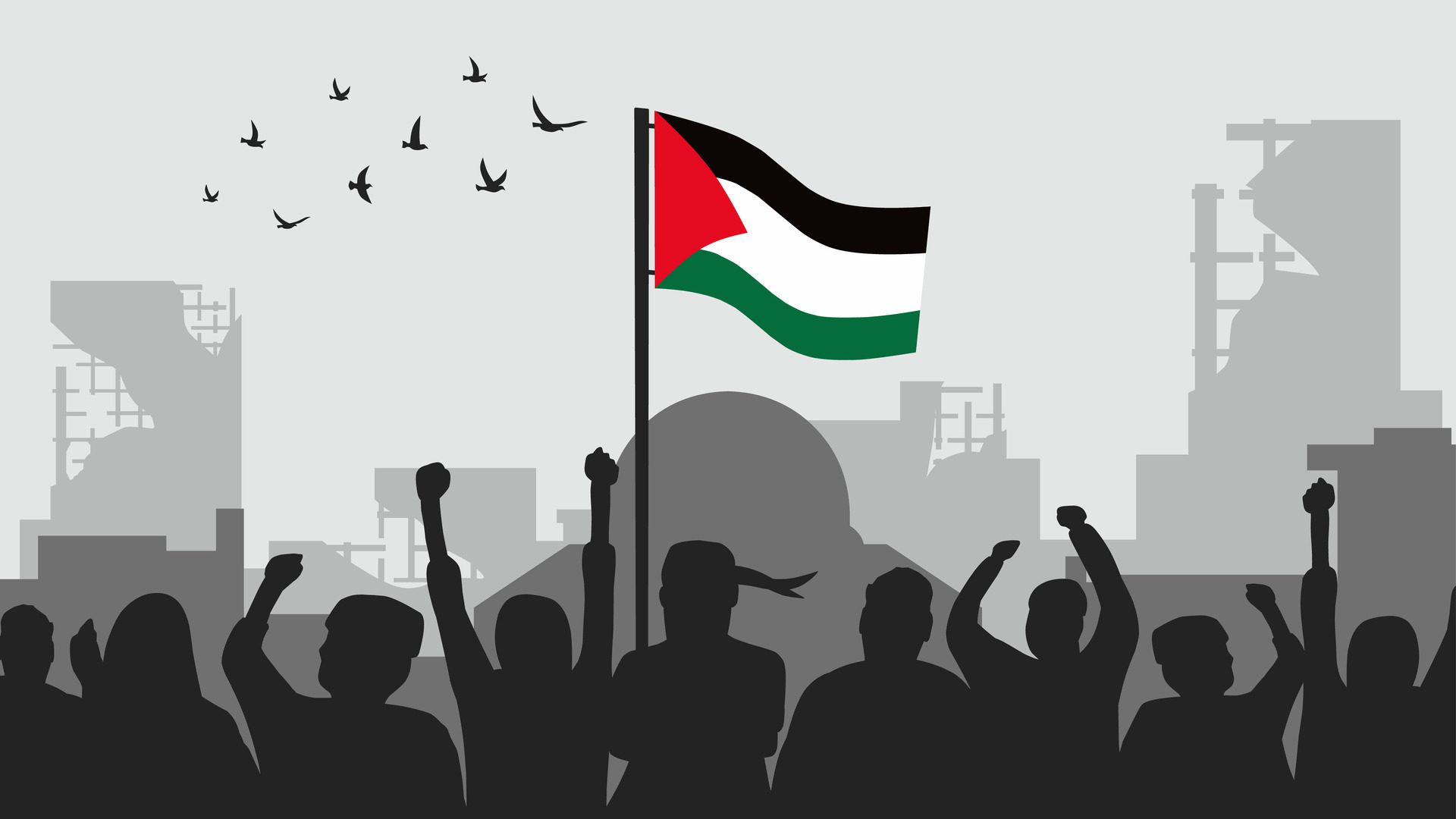 Illustration of crowd people demonstration in Palestine damaged city Free Vector