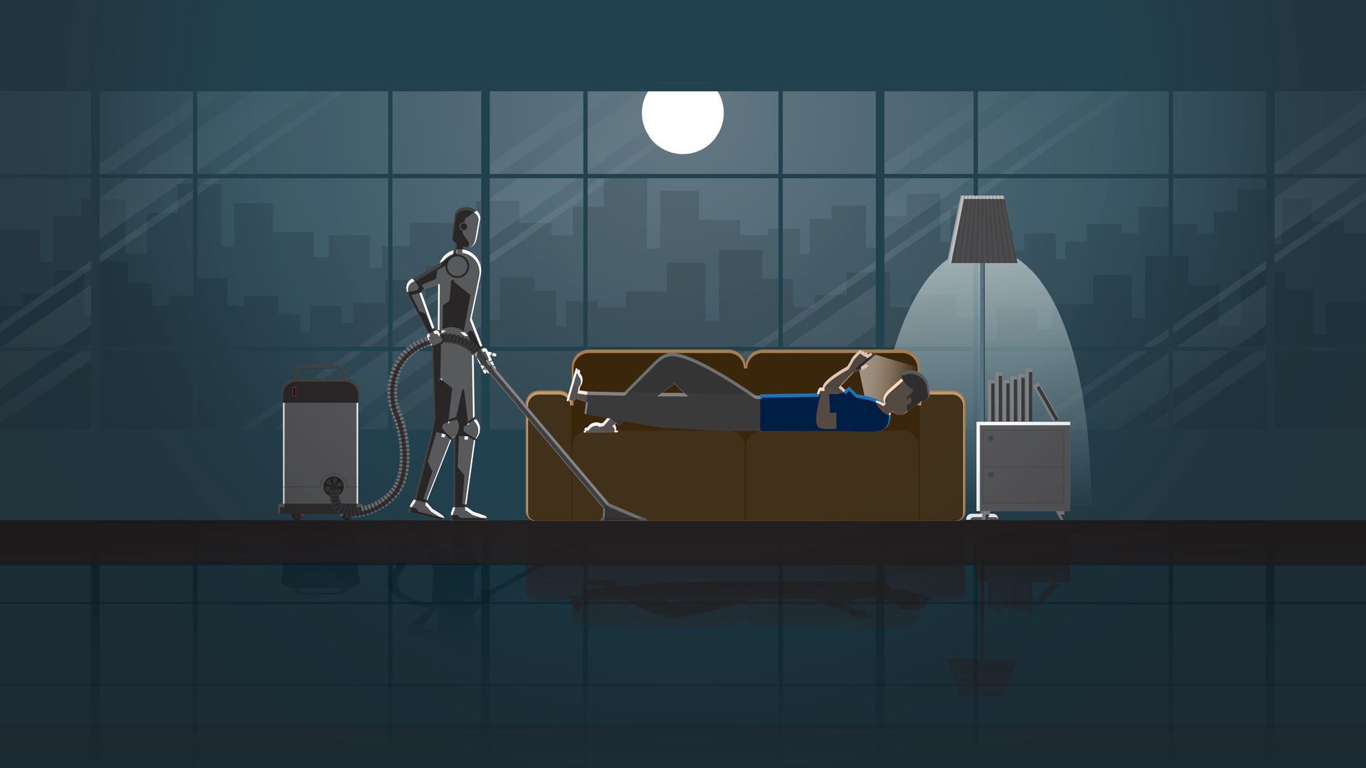 Robot clean and work as maid in the house for 24 hours in the dark and full moonlight with people. Free Vector