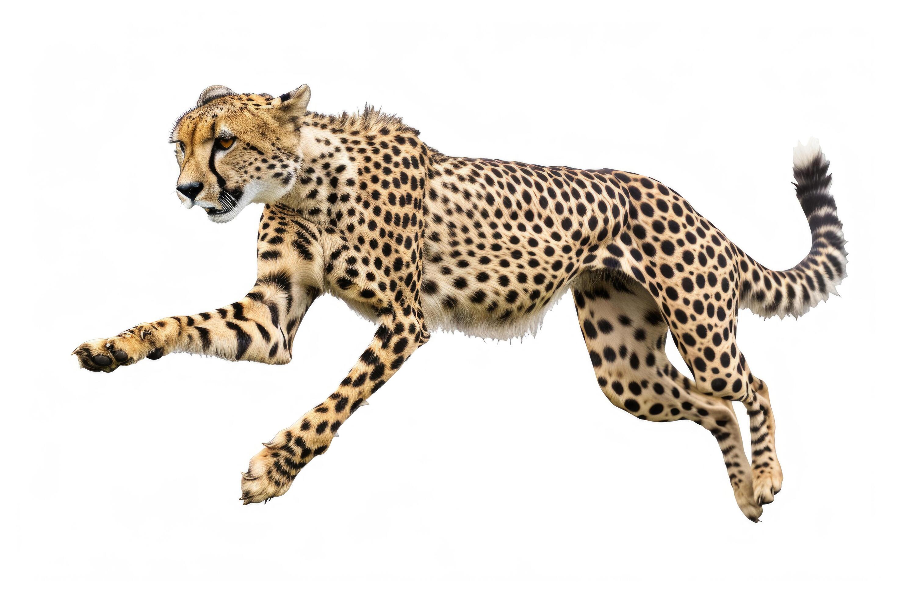 A cheetah mid-leap, muscles flexed, isolated on a white background Stock Free