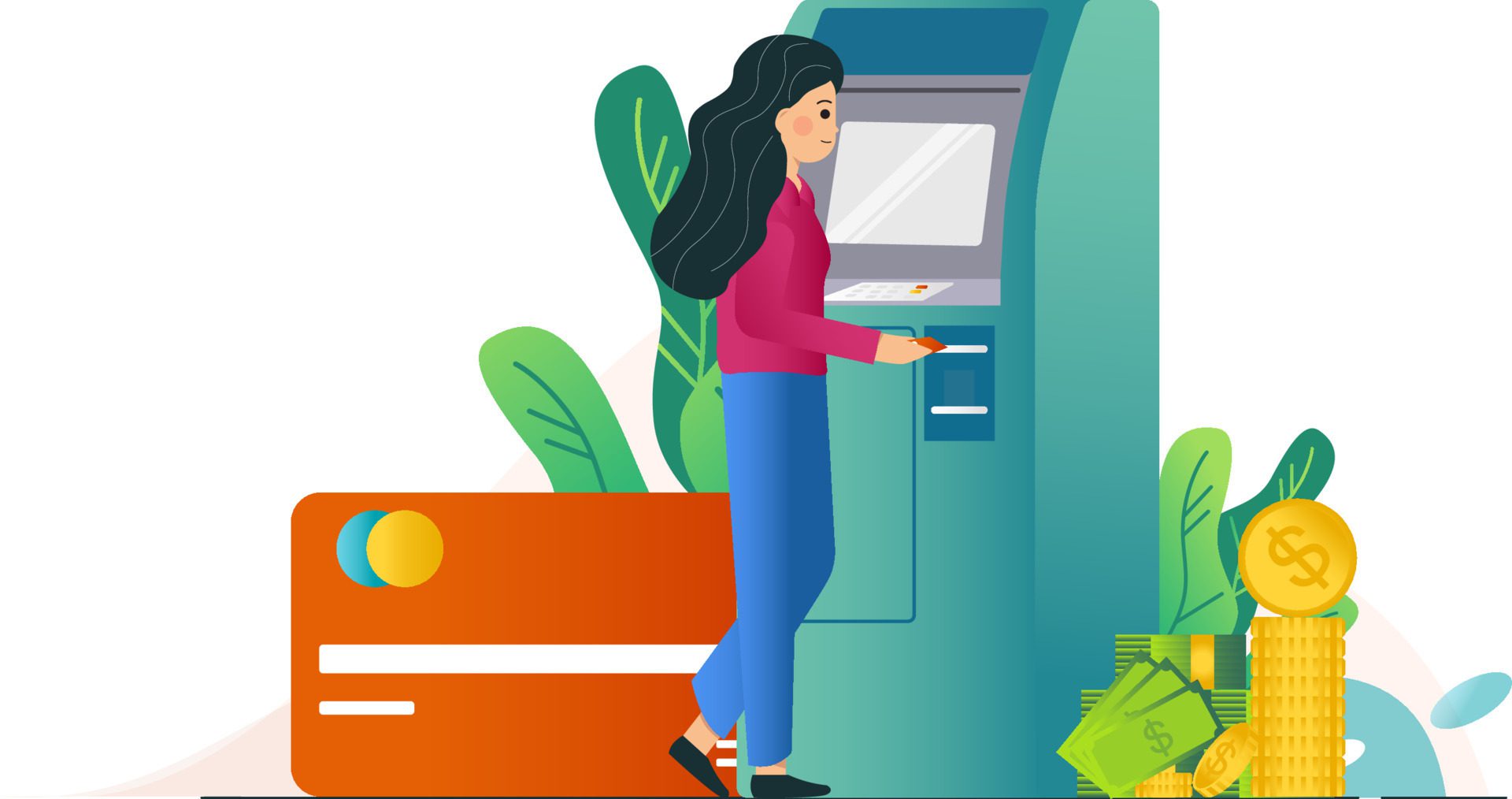 Young woman using ATM – Vector Illustration Free Vector and Free SVG