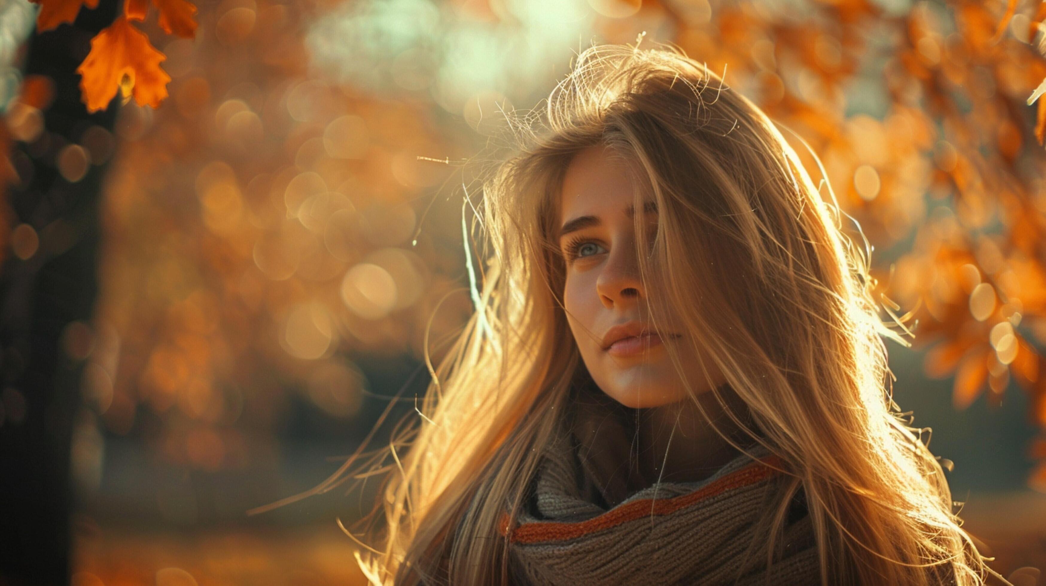 young woman with long blond hair enjoying autumn Stock Free