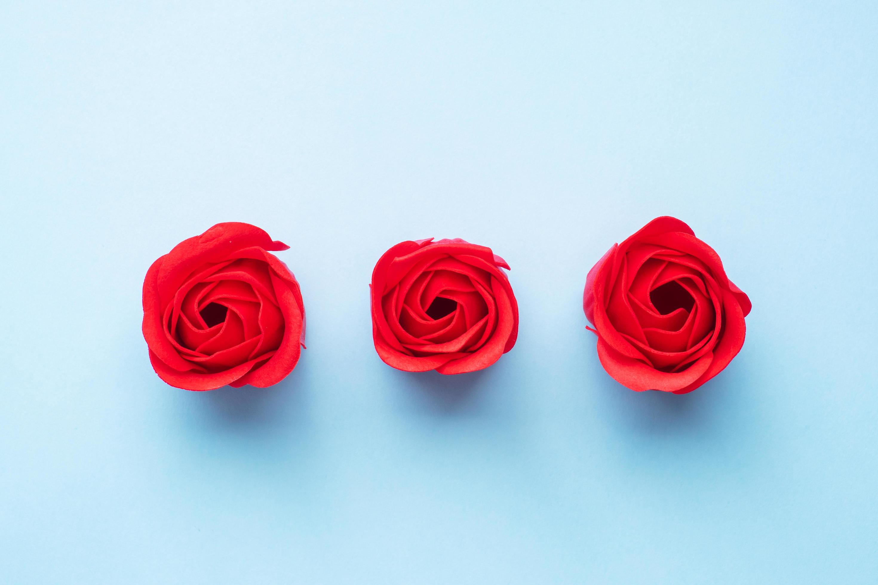 Handmade soap in the shape of a rose, red rose flower on a blue background. Top view, minimalist, copy space. Stock Free