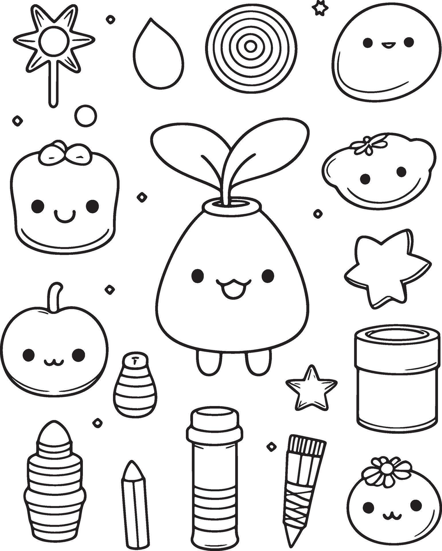 A drawing of cartoon characters and objects, including a plant, a star, a can Stock Free