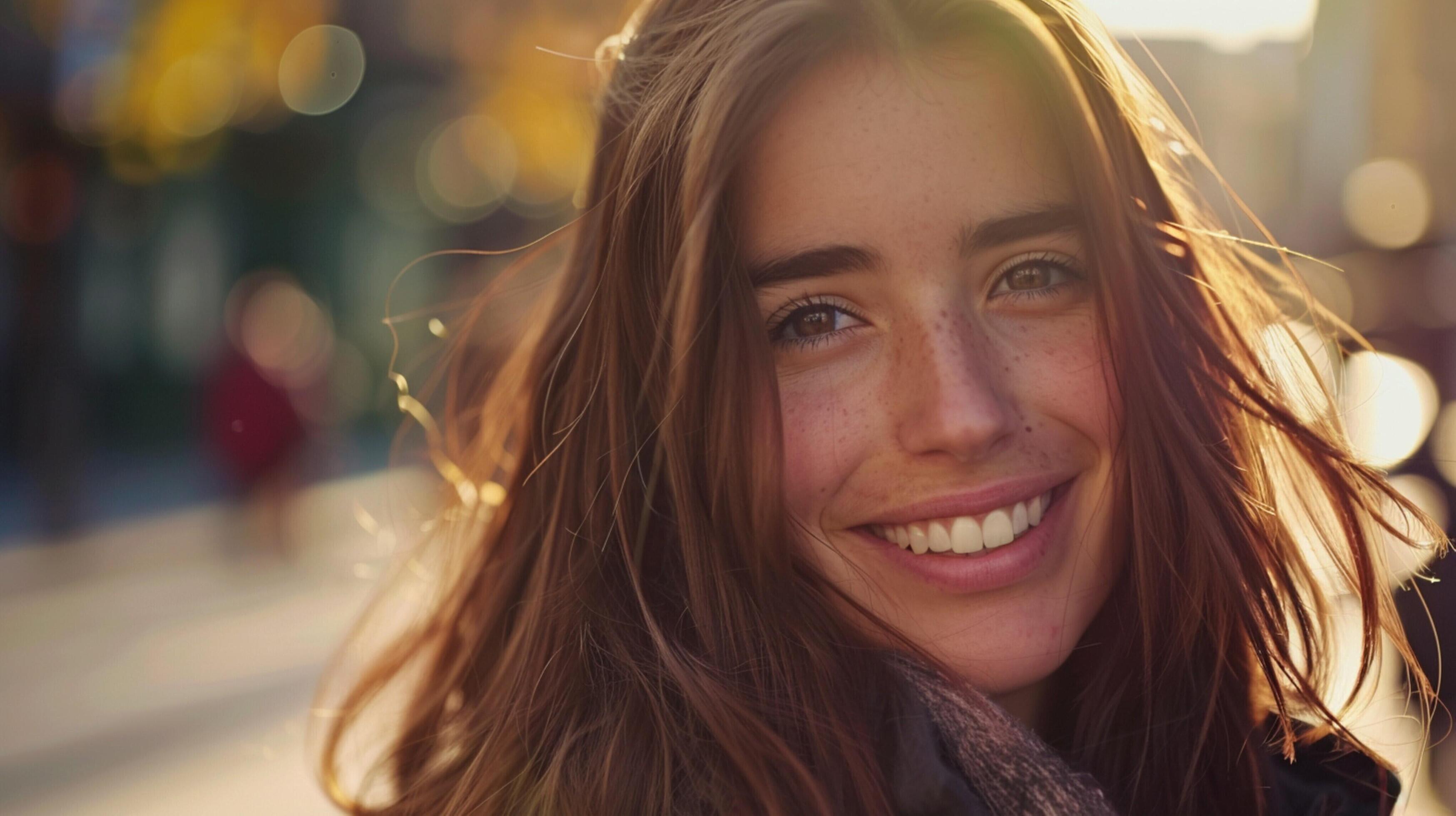 young woman with long brown hair smiling Stock Free