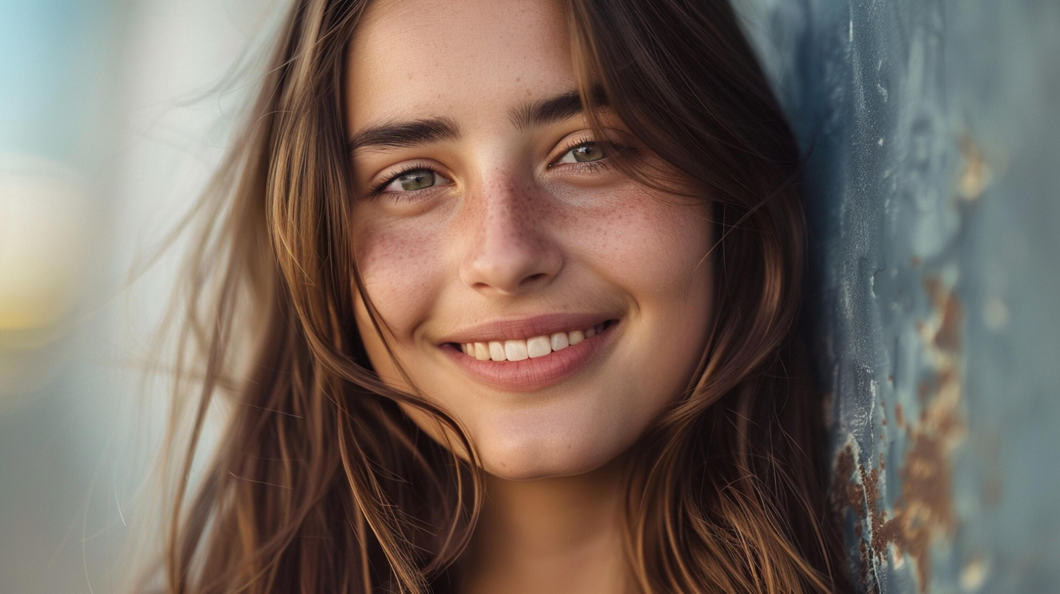 young woman with long brown hair smiling Stock Free