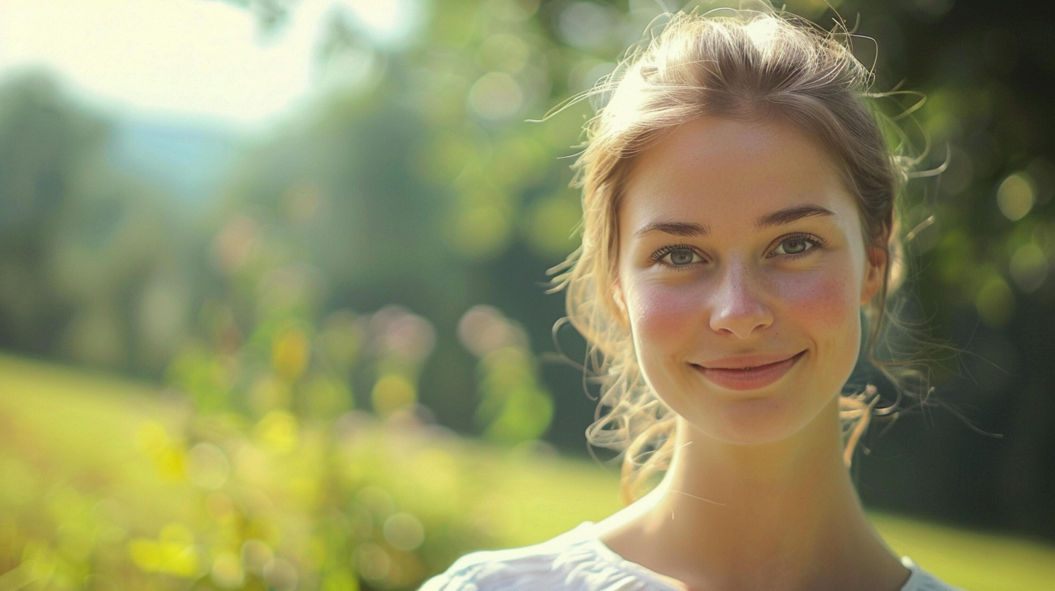 young woman outdoors looking at camera smiling Stock Free