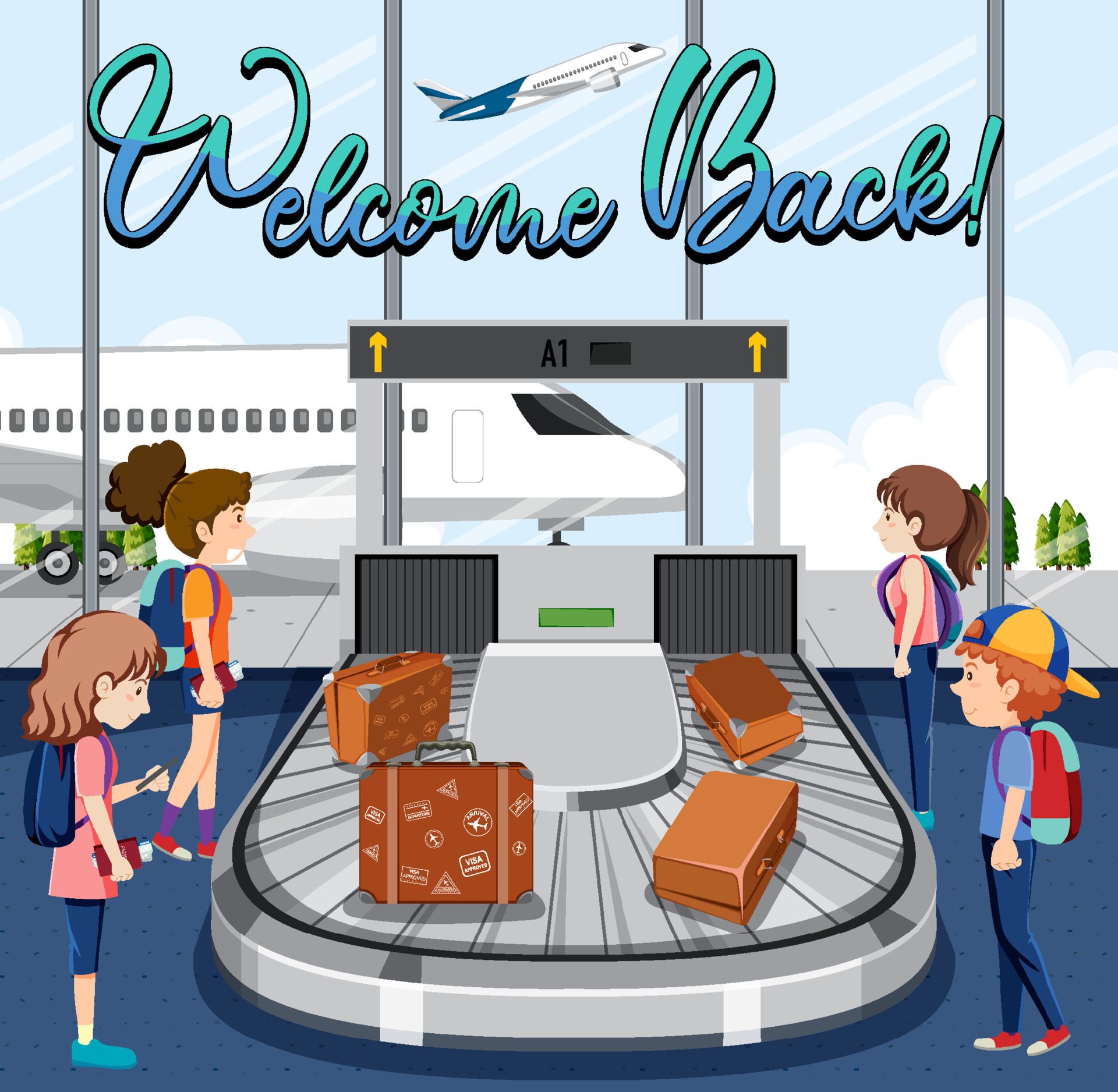 People cartoon characters in the airport Free Vector