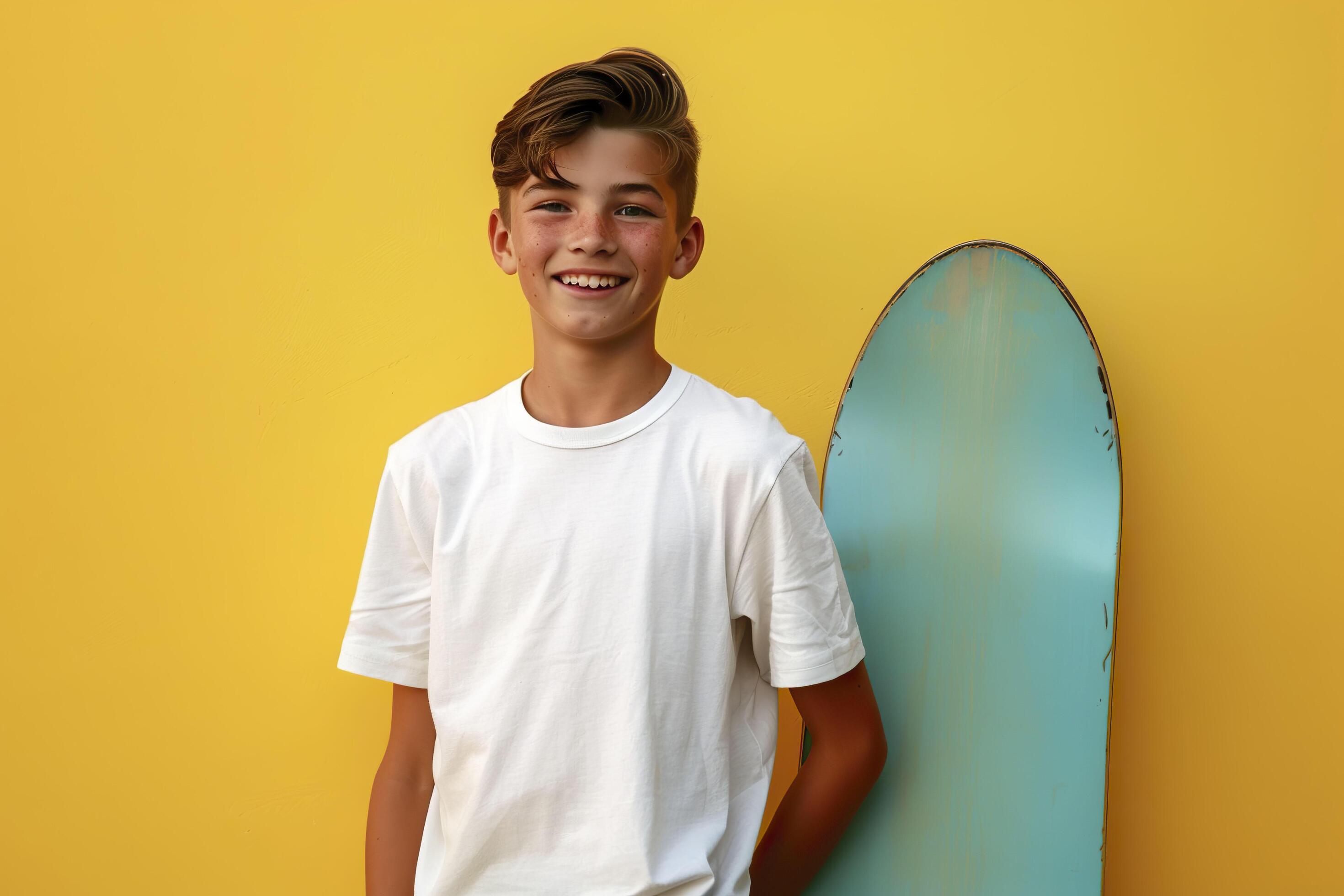 Smiling teen boy with a skateboard on a yellow background. Stock Free