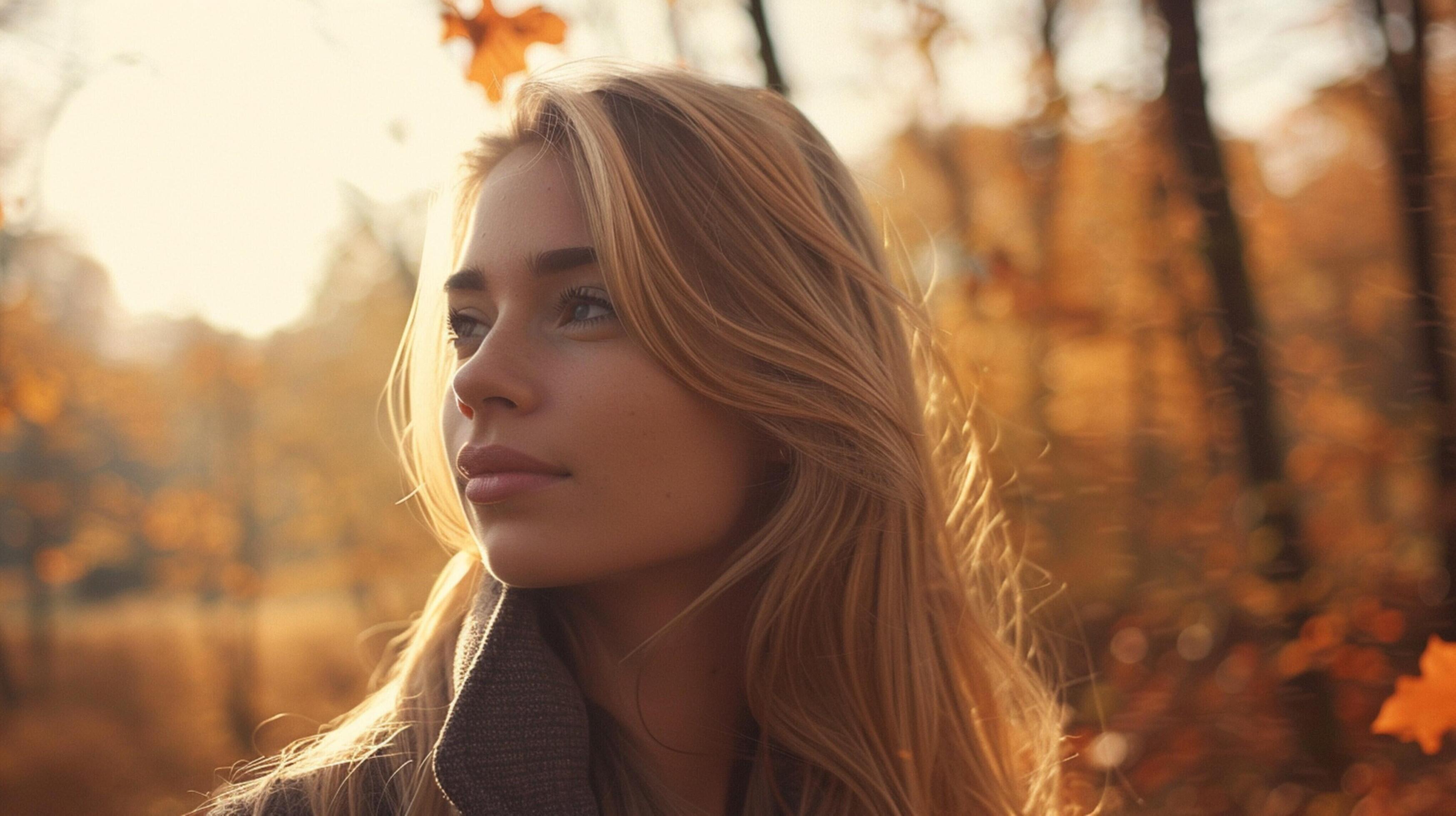 young woman with long blond hair enjoying autumn Stock Free