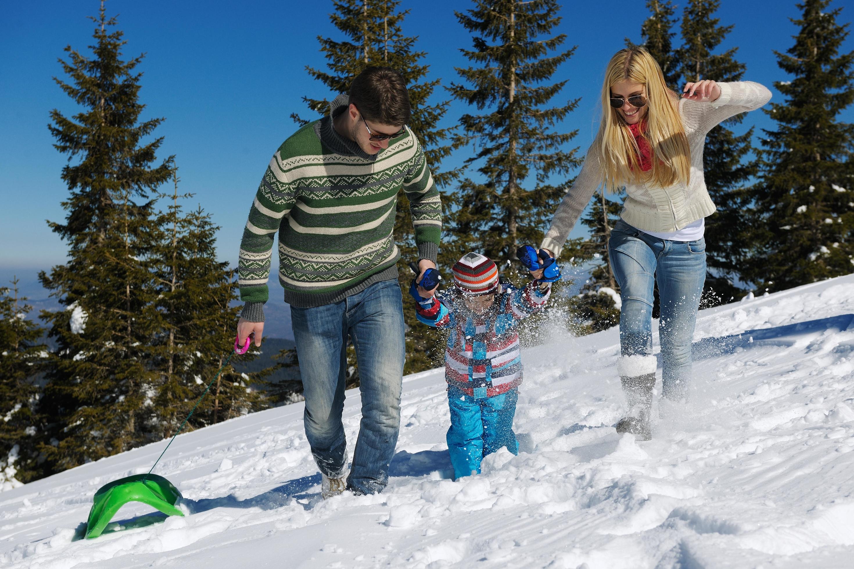 family having fun on fresh snow at winter Stock Free