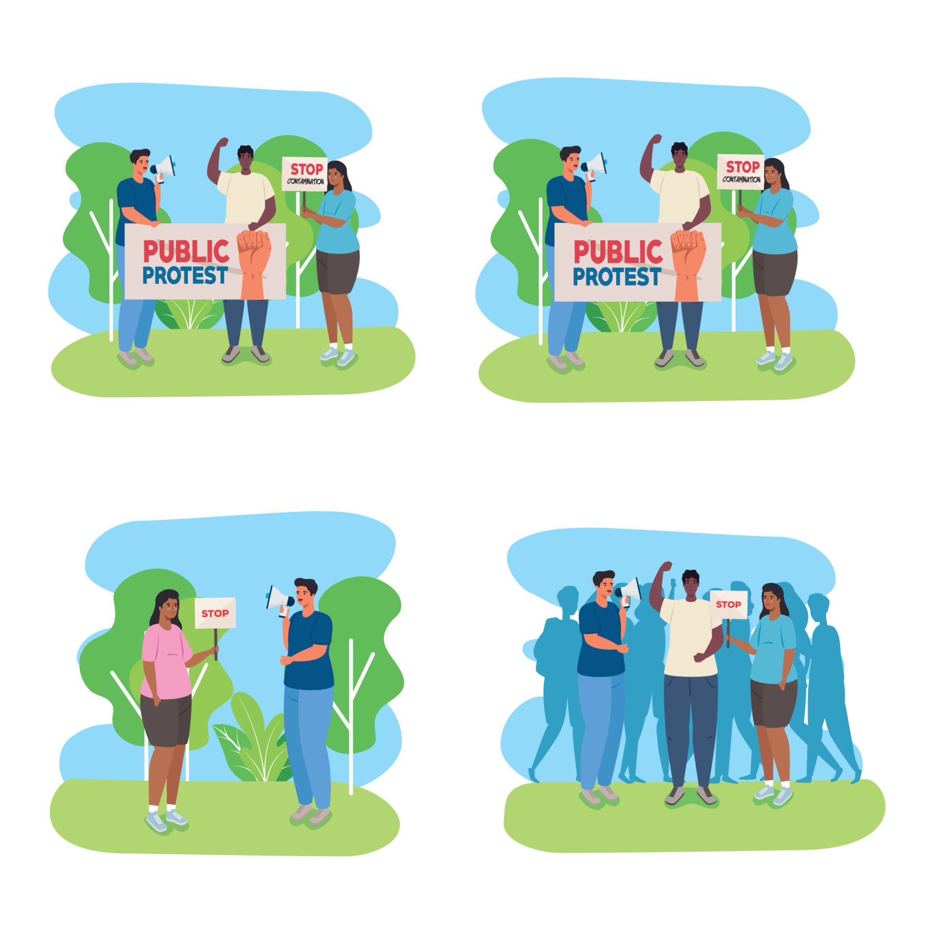 set scenes people in protests with placards, human right concept Free Vector