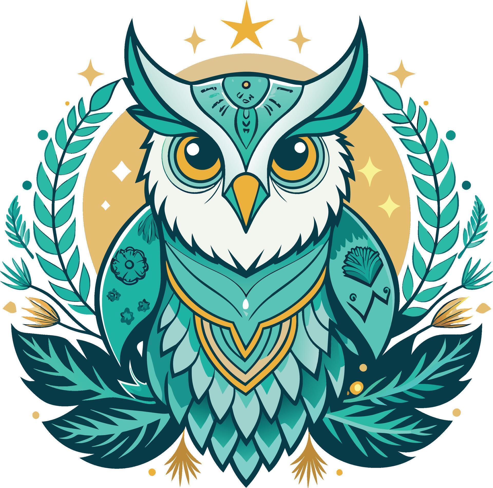 Owl with feathers and stars. Stylized vector illustration. Stock Free