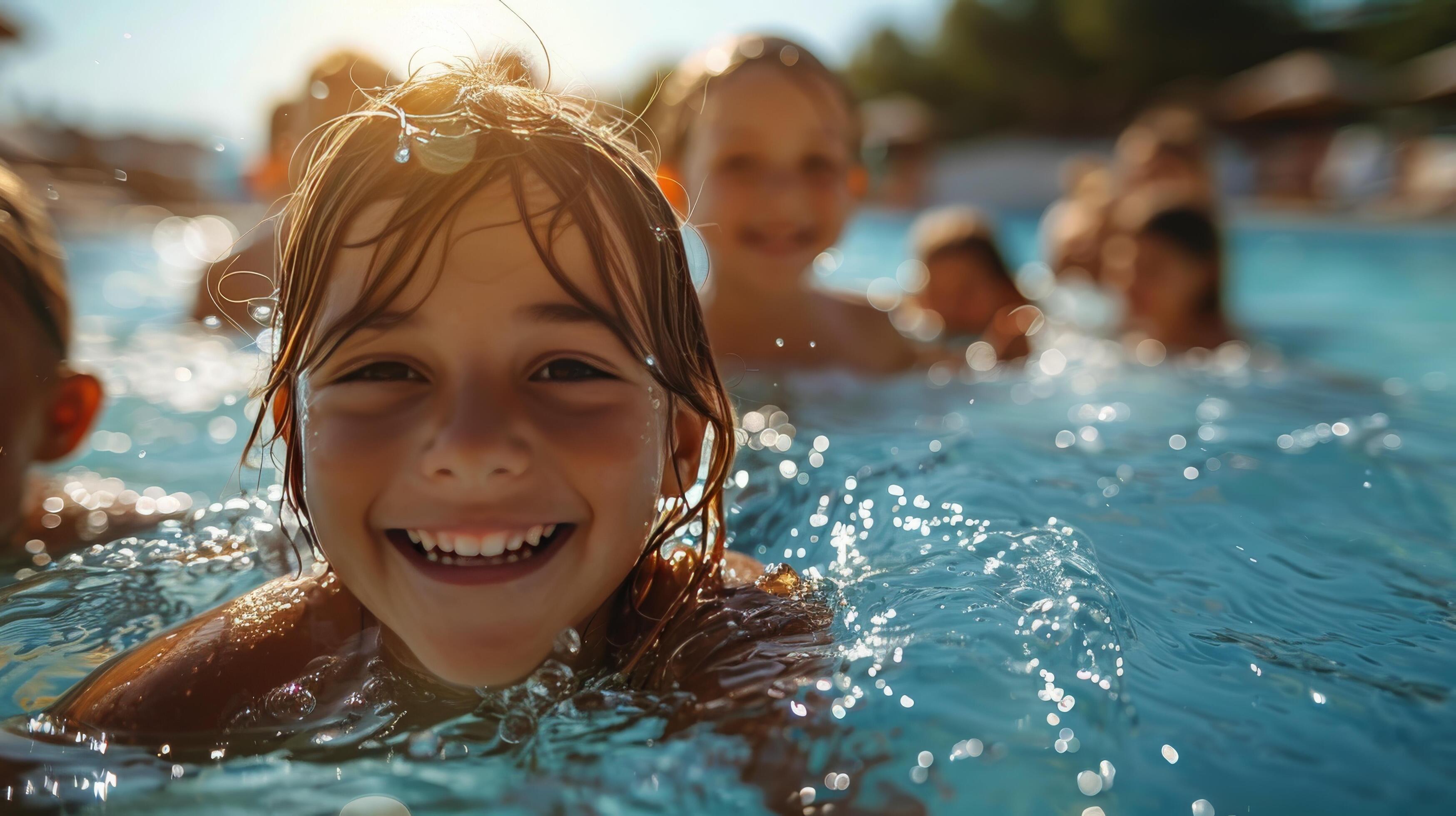 Young Girl Smiles While Swimming in Pool Stock Free