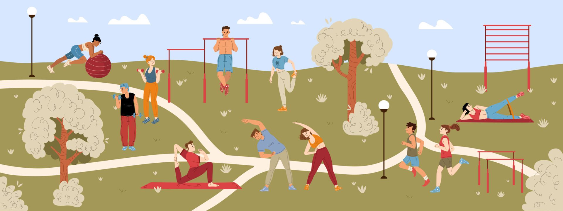 People do exercise, fitness, jogging in park Free Vector