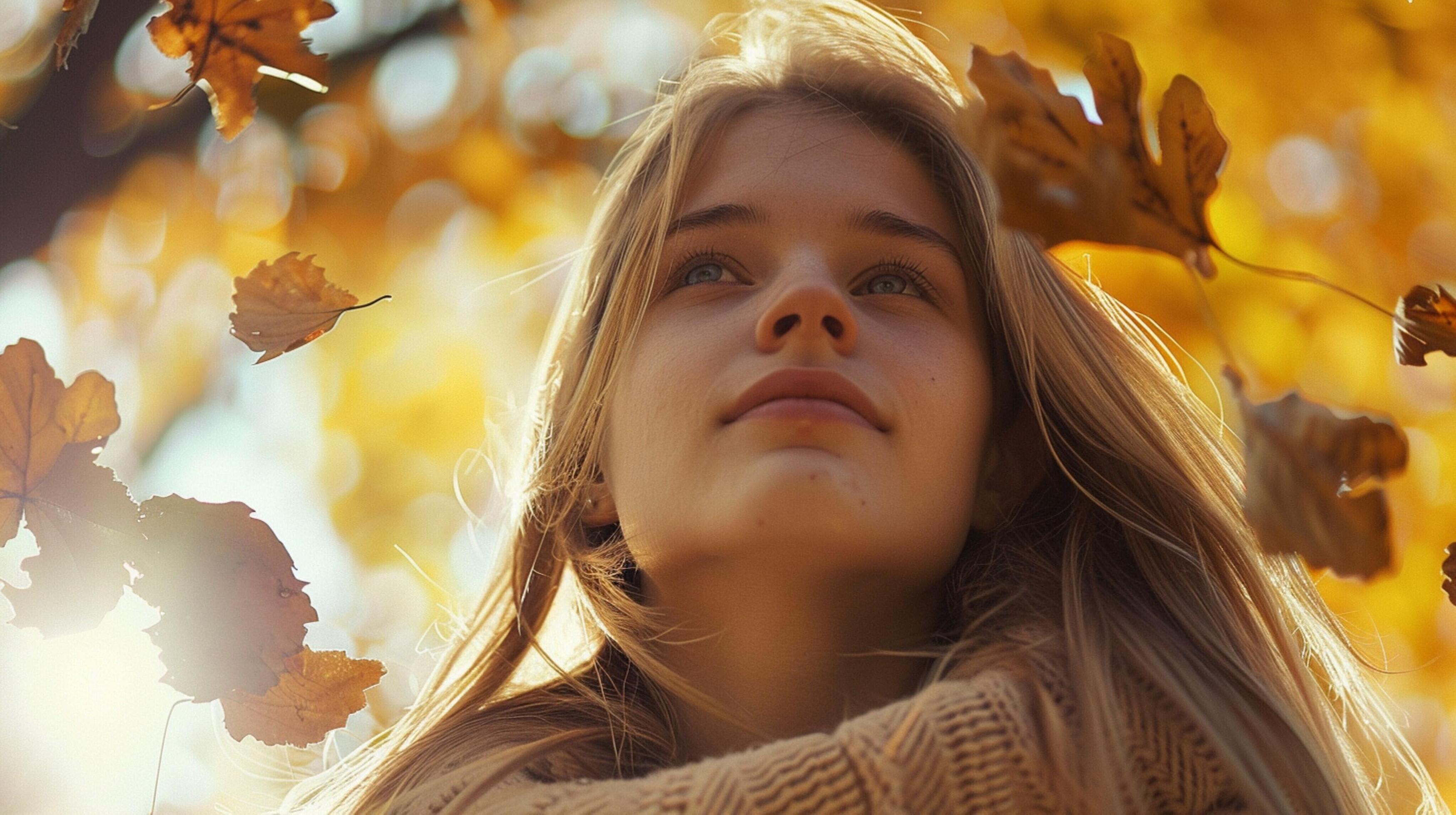 young woman with long blond hair enjoying autumn Stock Free