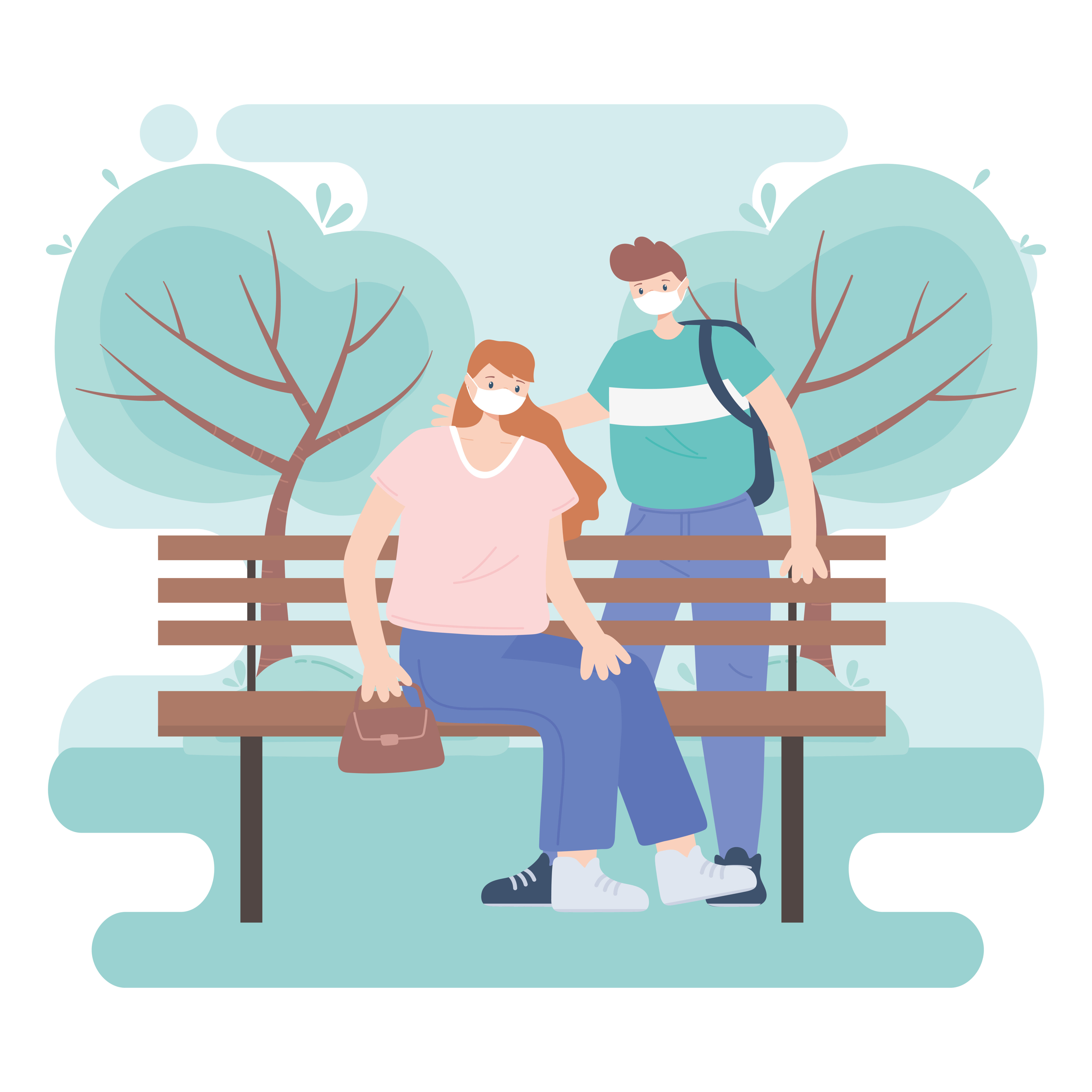 people with medical face mask, couple in bench in the park, city activity during coronavirus Free Vector