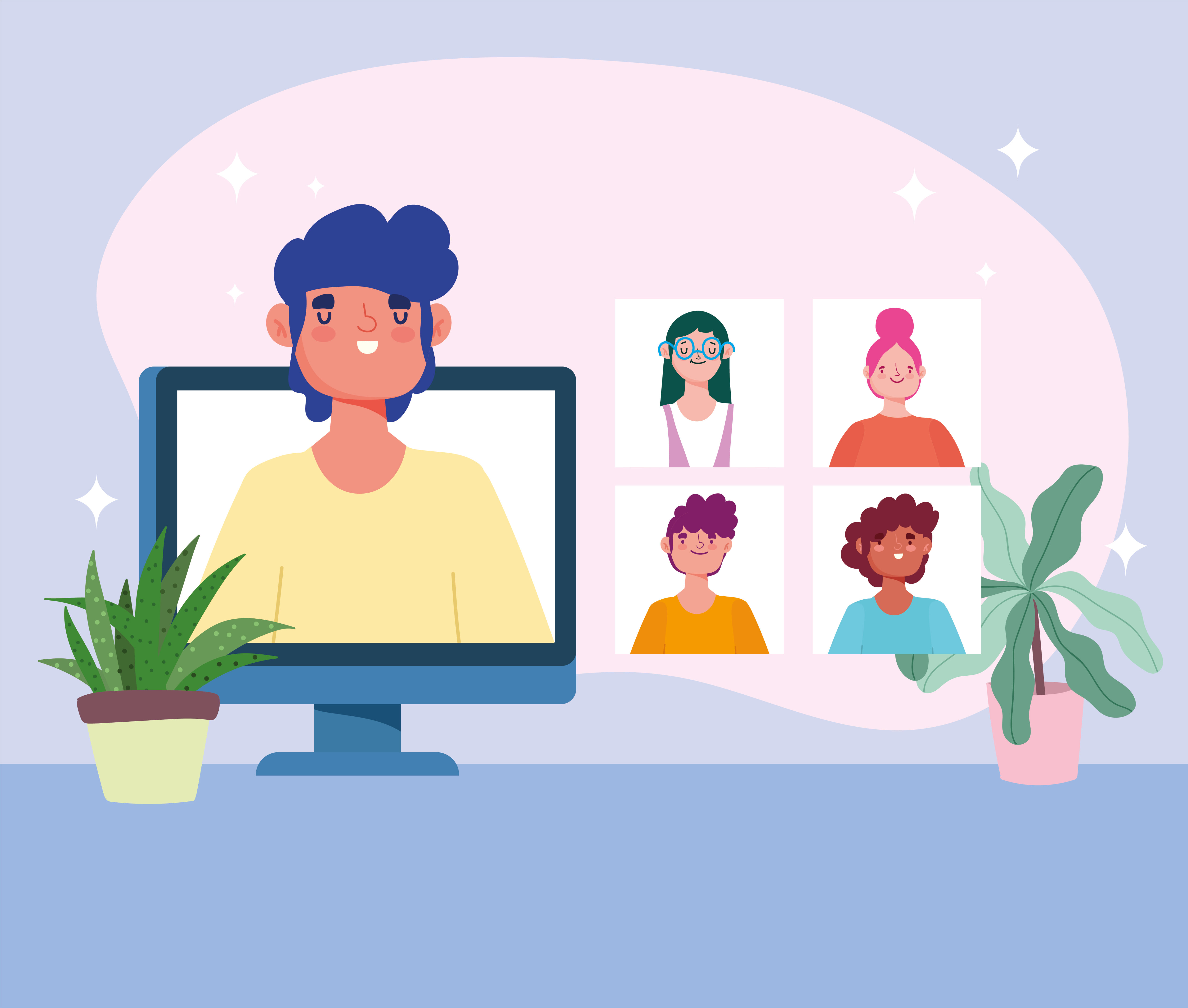 Man in the computer screen with people on a online meeting Free Vector