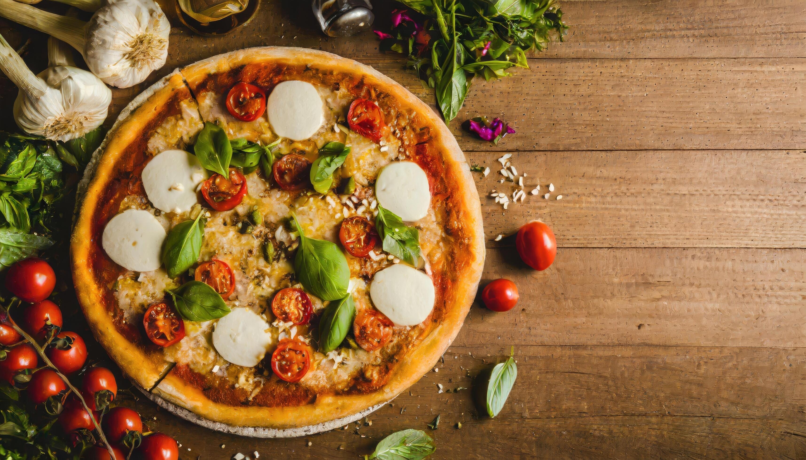 Copy Space image of Pizza Margherita on wooden background, Pizza Margarita with Tomatoes, Stock Free