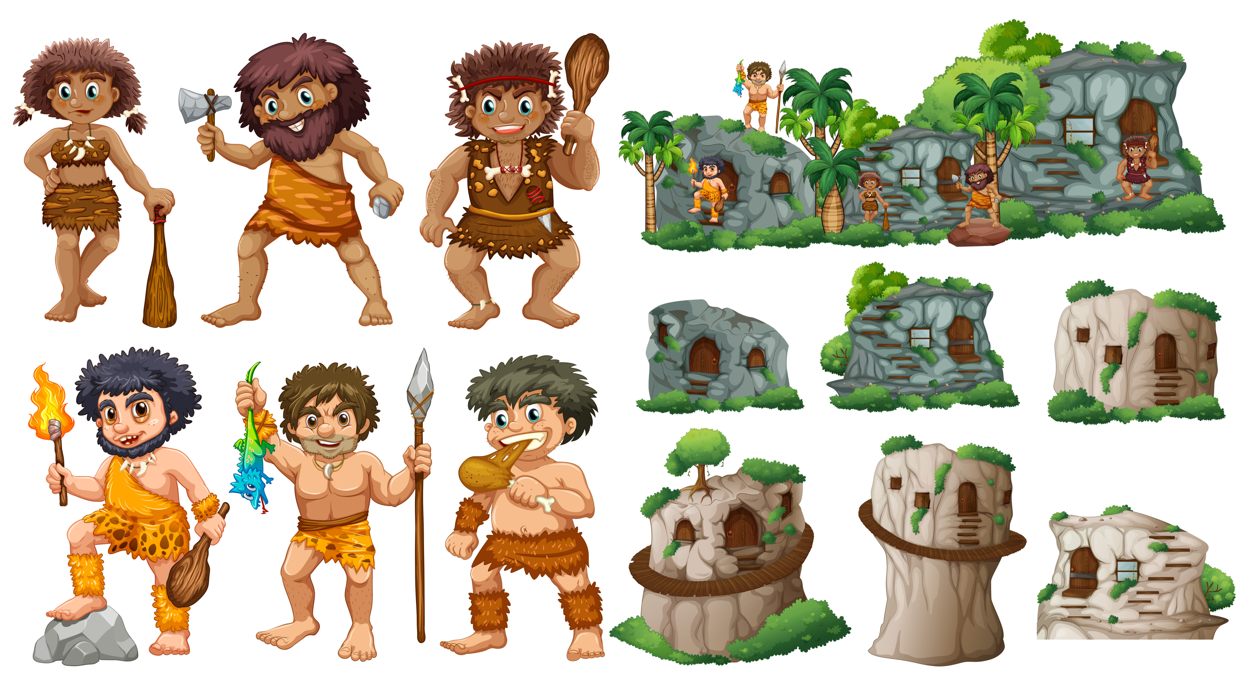 Cave people and different styles of houses Free Vector