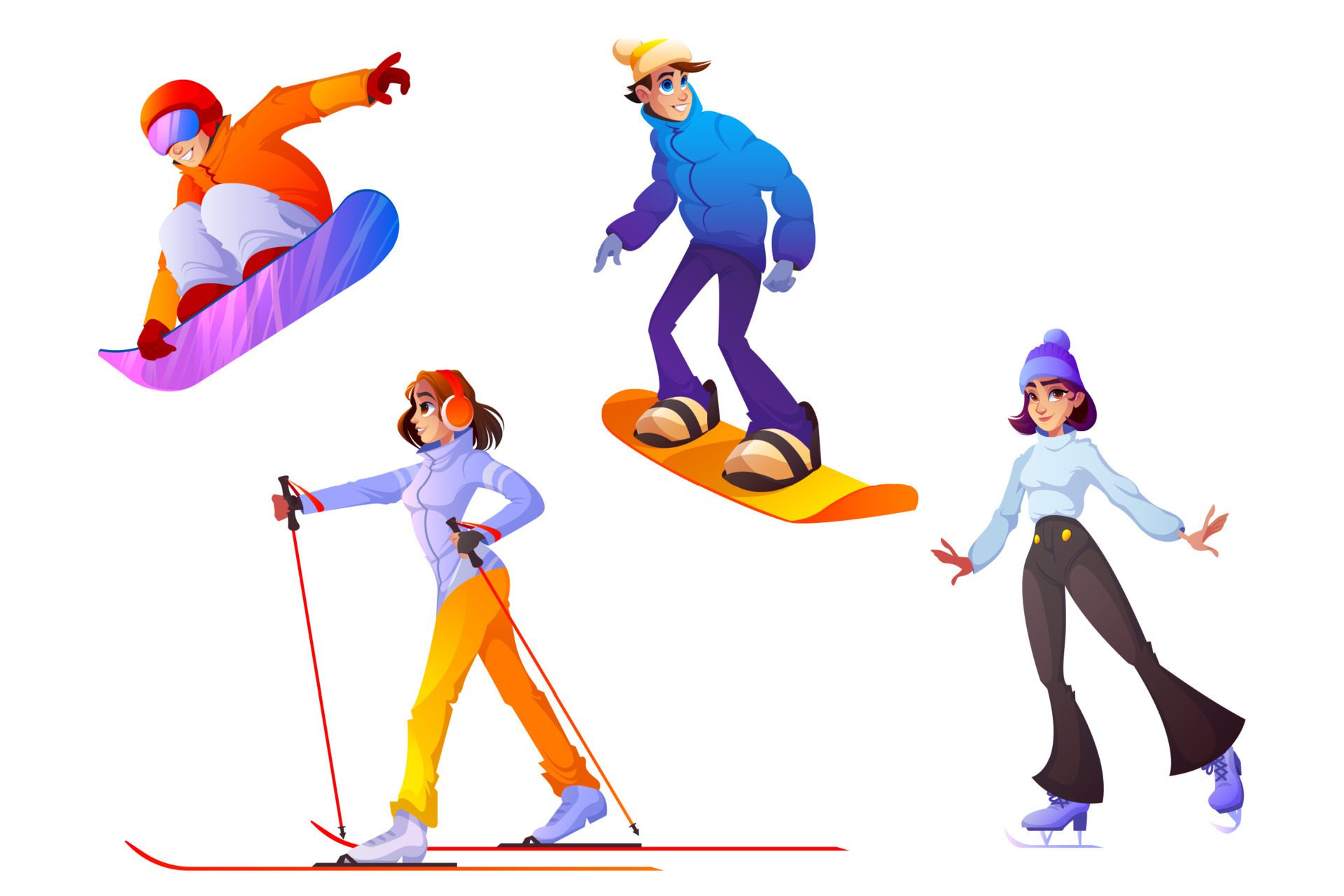 People engage winter sport, active recreation set Free Vector