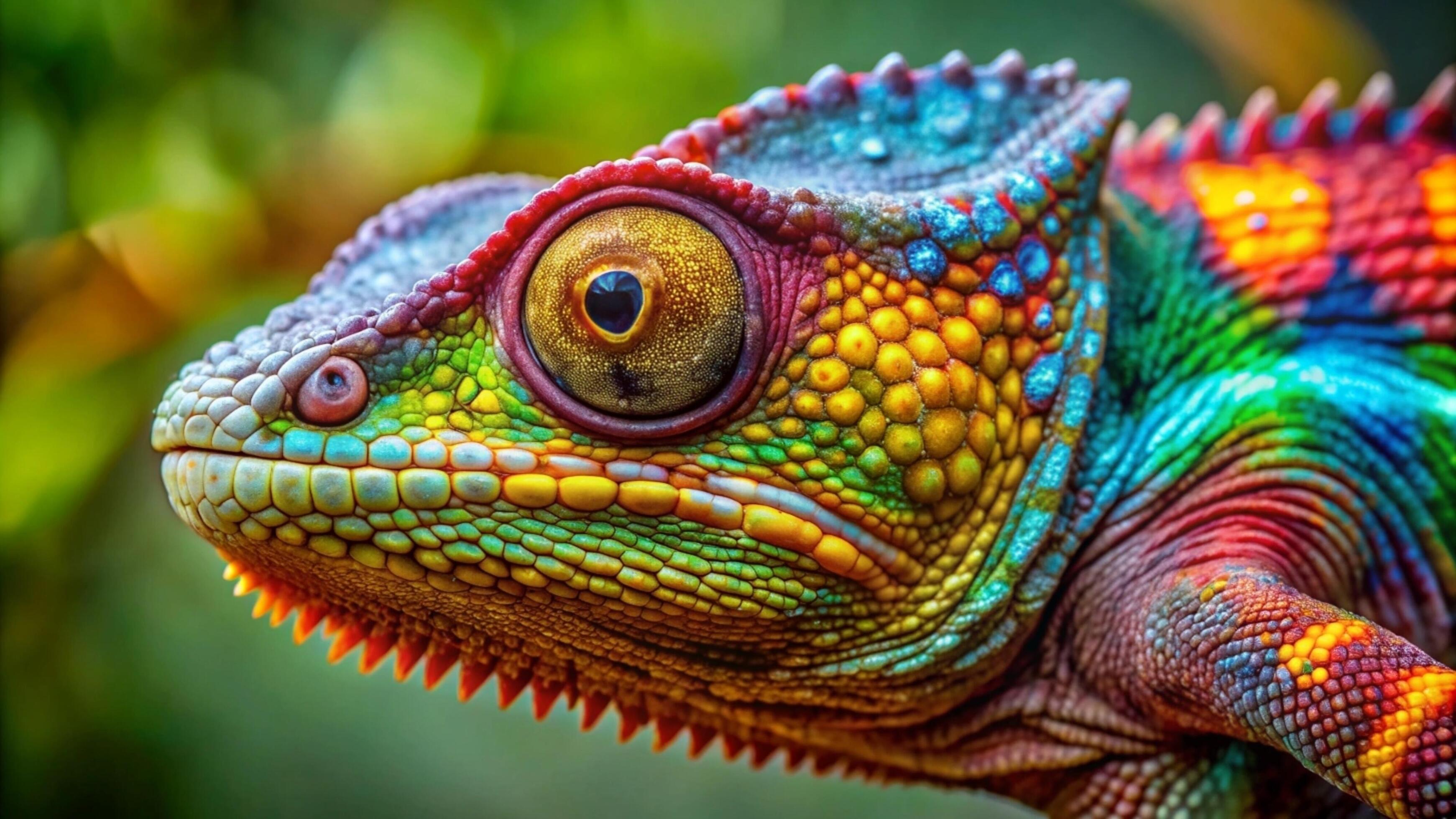 A vibrant chameleon camouflaging against a lush green forest background. Stock Free