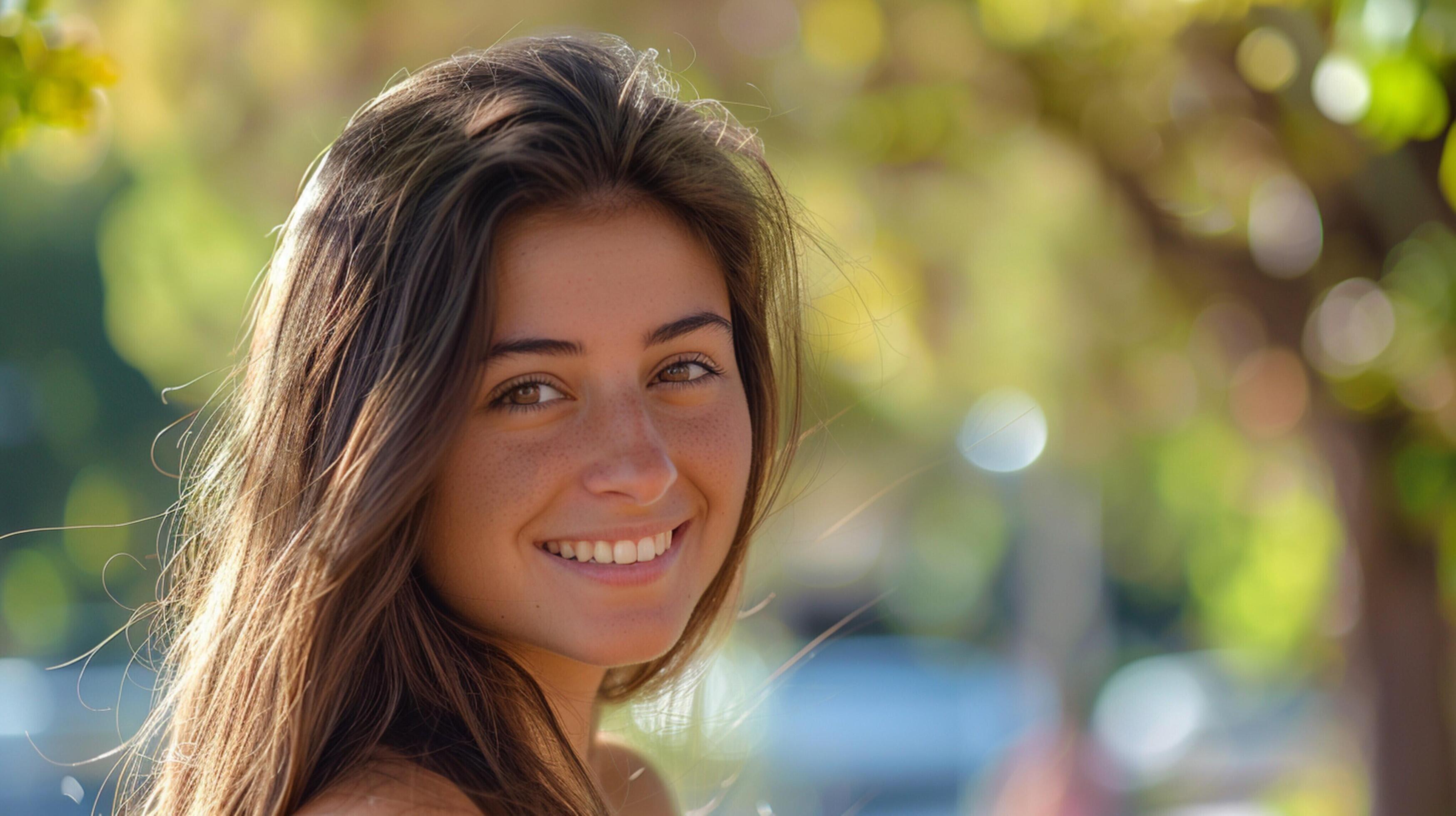 
									young woman with long brown hair smiling Stock Free