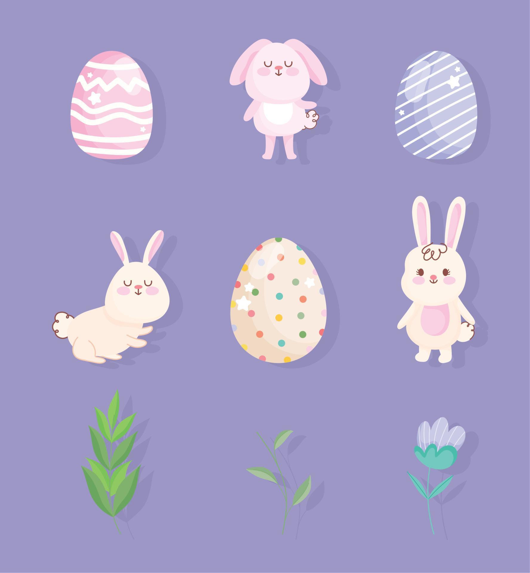 happy easter little rabbits eggs flower icons Stock Free