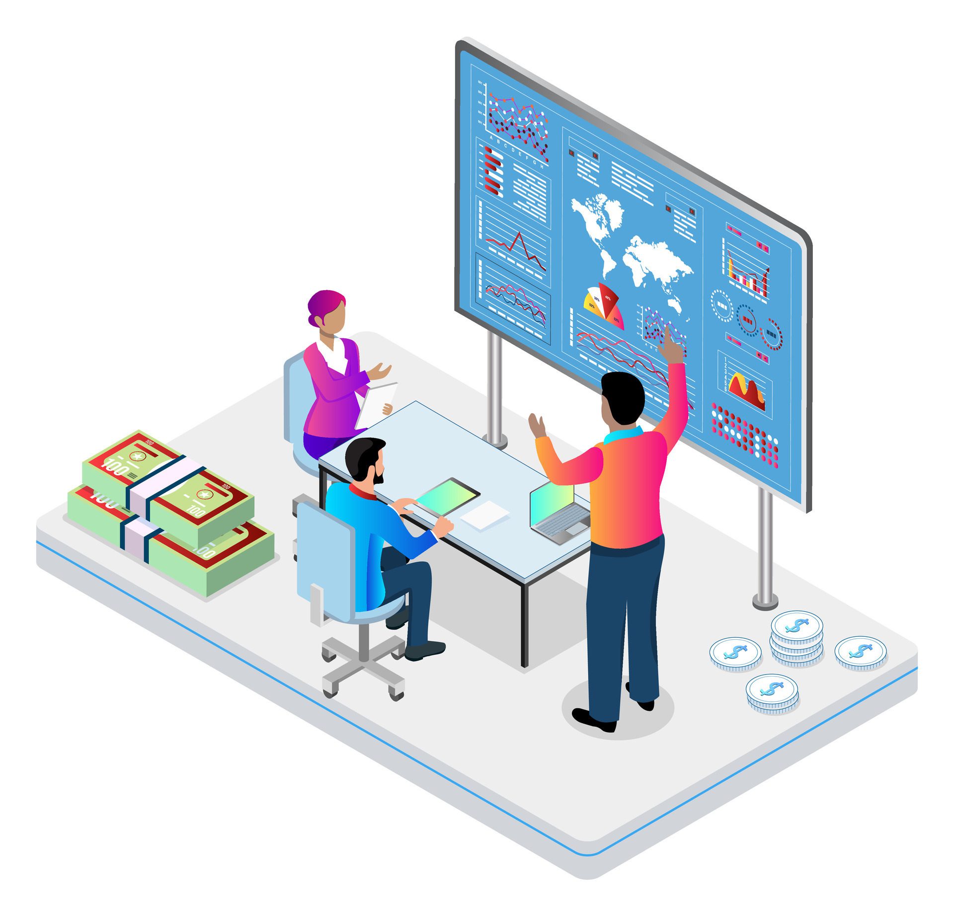 Business Financial management concept with People analyzing financial graphs, charts and diagrams. Vector illustration eps10 Free Vector