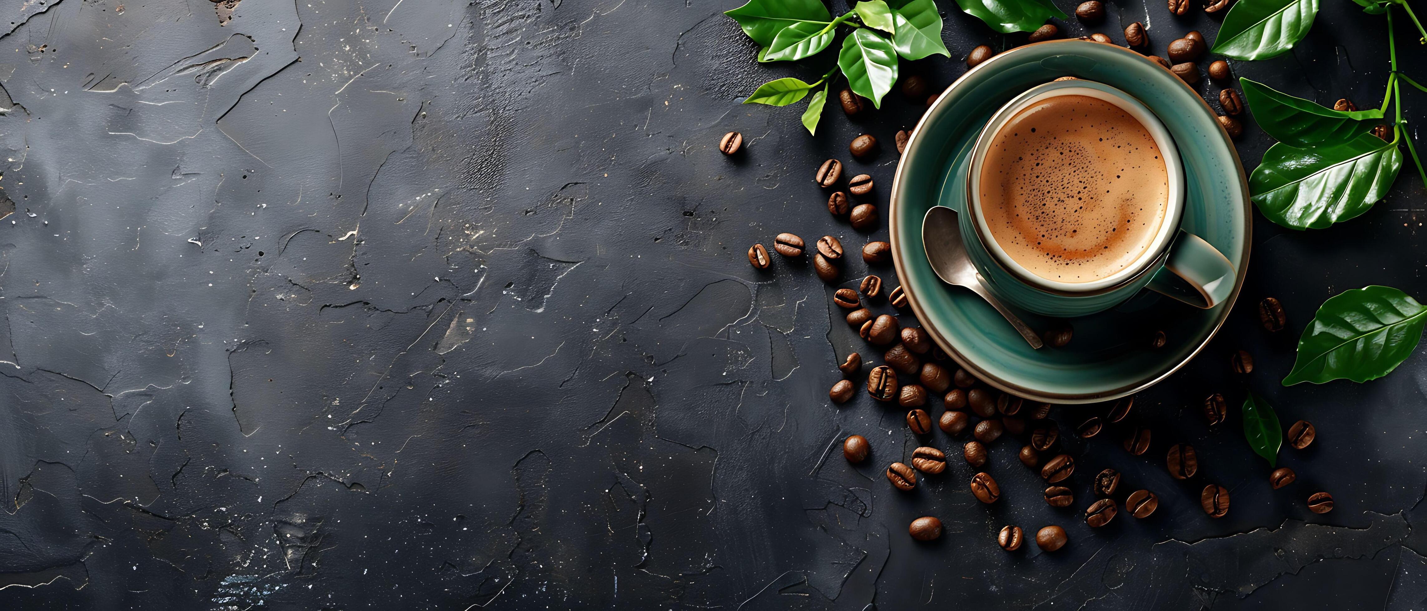 Rustic Vintage Coffee Cup and Saucer with Scattered Beans on Dark Stone Background for Copy Space – Nostalgic Cafe Concept Stock Free