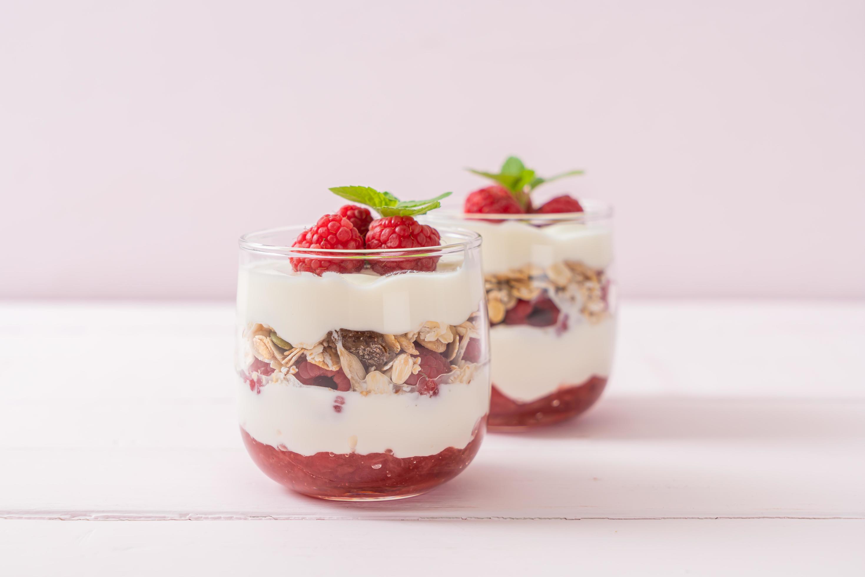 Fresh raspberry and yogurt with granola – Healthy food style Stock Free