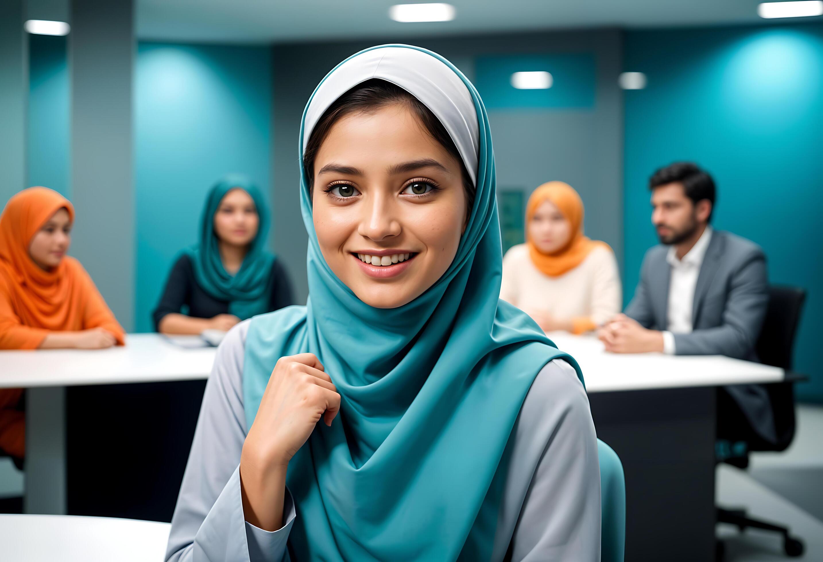 A young Muslim woman leads a dynamic business meeting with confidence Stock Free