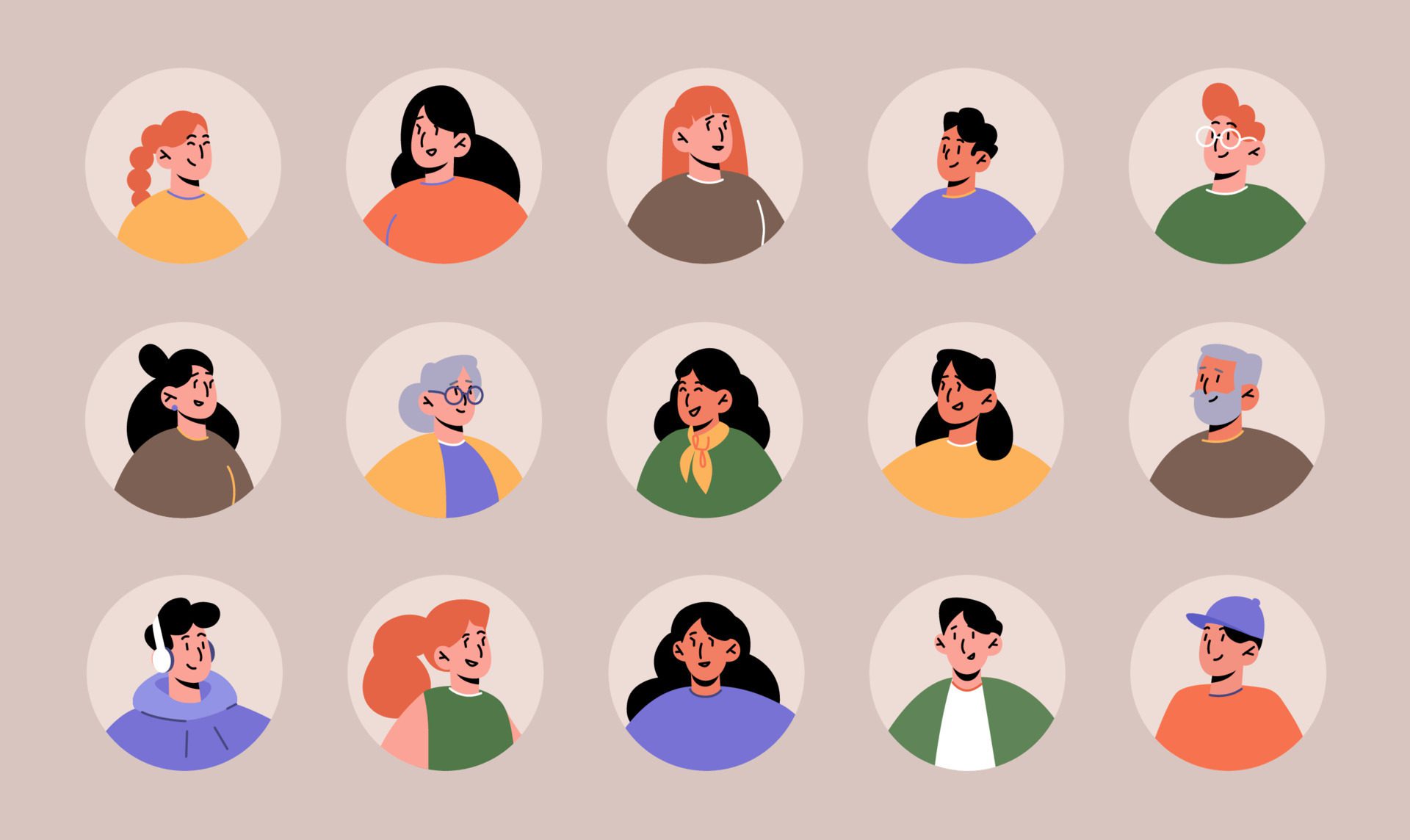 Set people avatars, young and old characters faces Free Vector