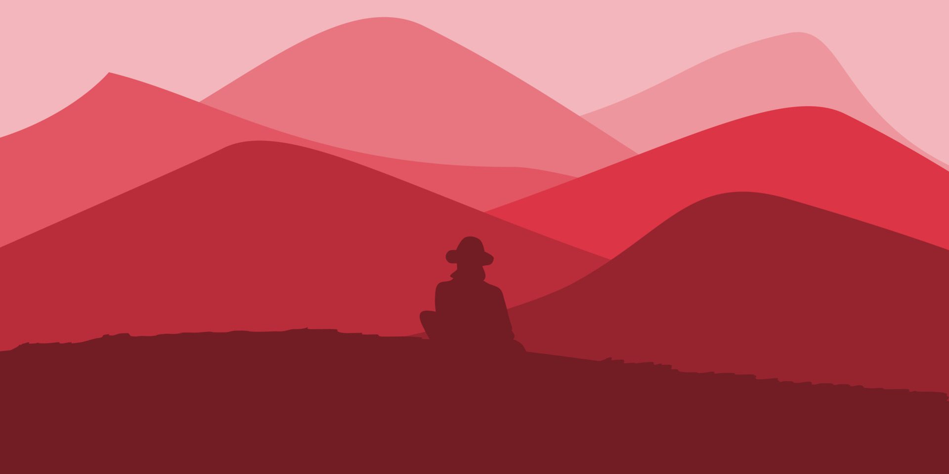 Vector illustration of a man sitting on a hill with a view of a beautiful mountain. sunrise and sunset in the mountains. Free Vector and Free SVG