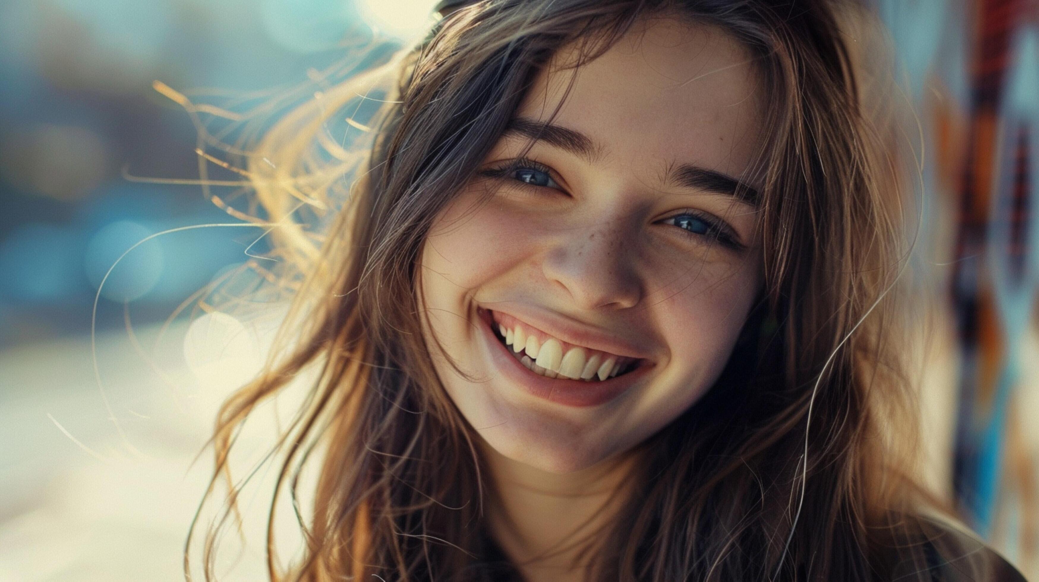 young woman with long brown hair smiling Stock Free