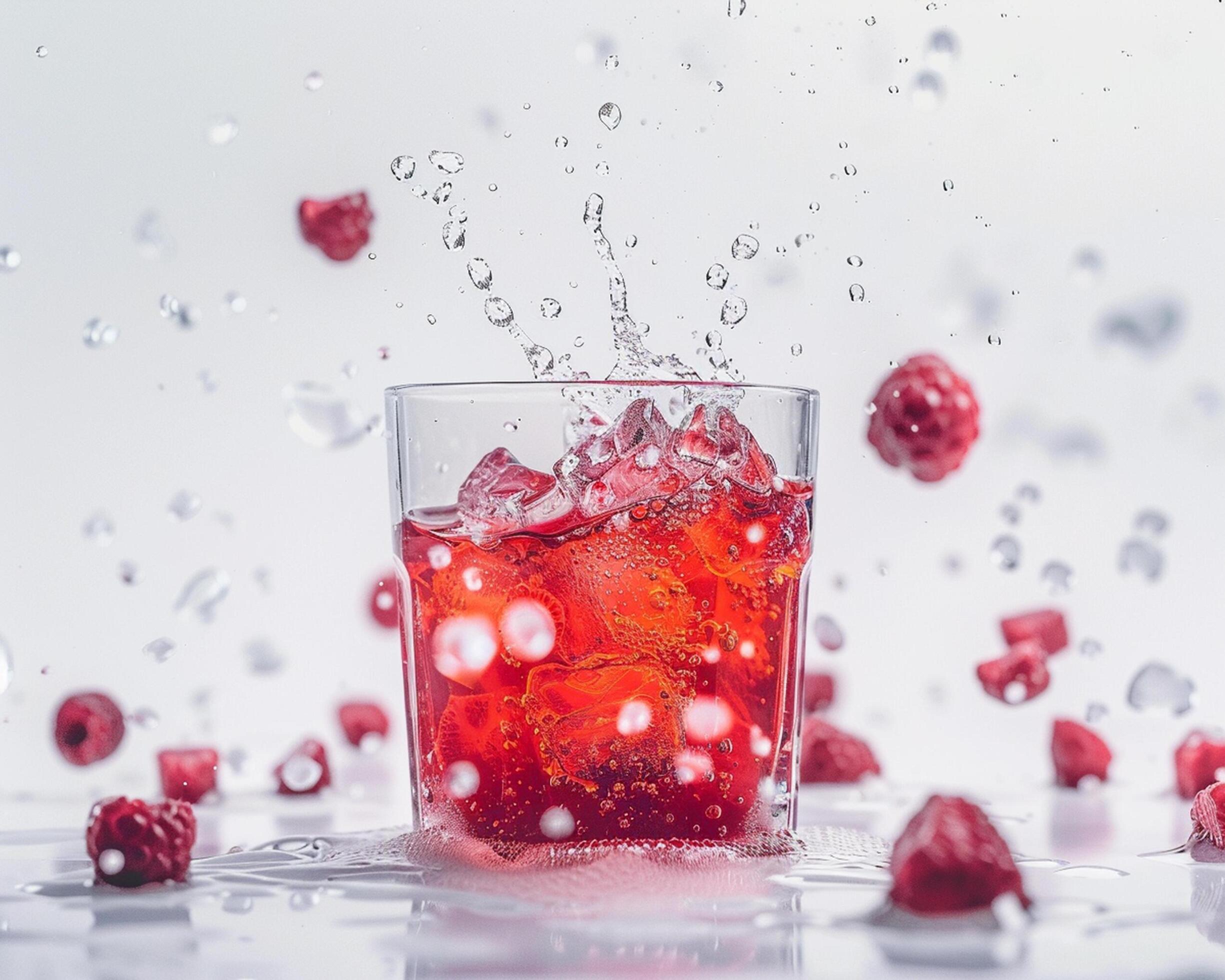 a glass of raspberry juice with water splashing on it Stock Free