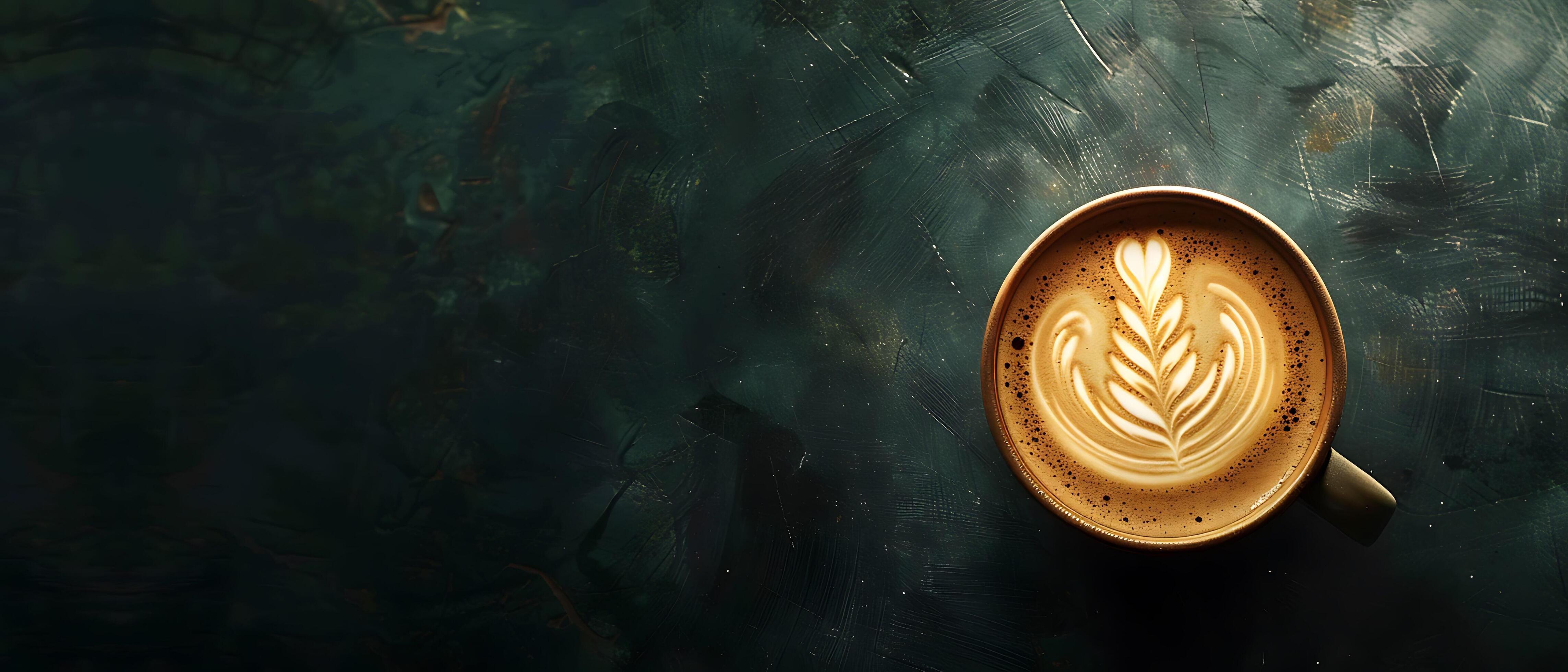 Artistic Creamy Latte in Coffee Cup on Dark Reflective Background with Copy Space for Branding Stock Free