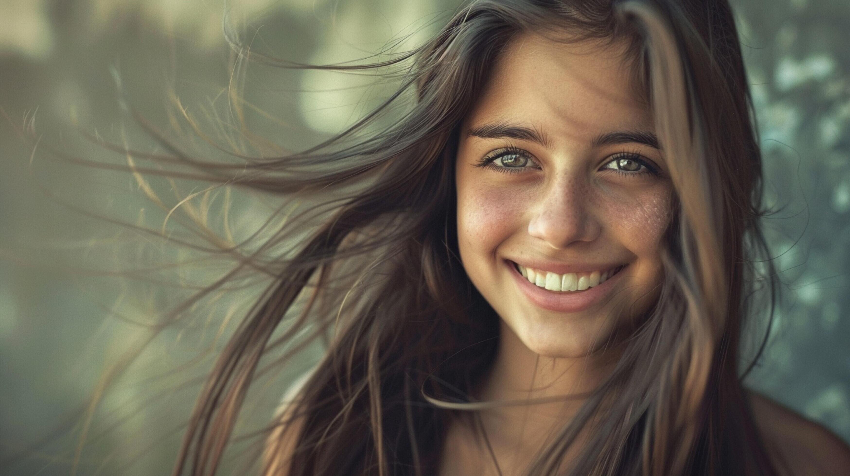 young woman with long brown hair smiling Stock Free