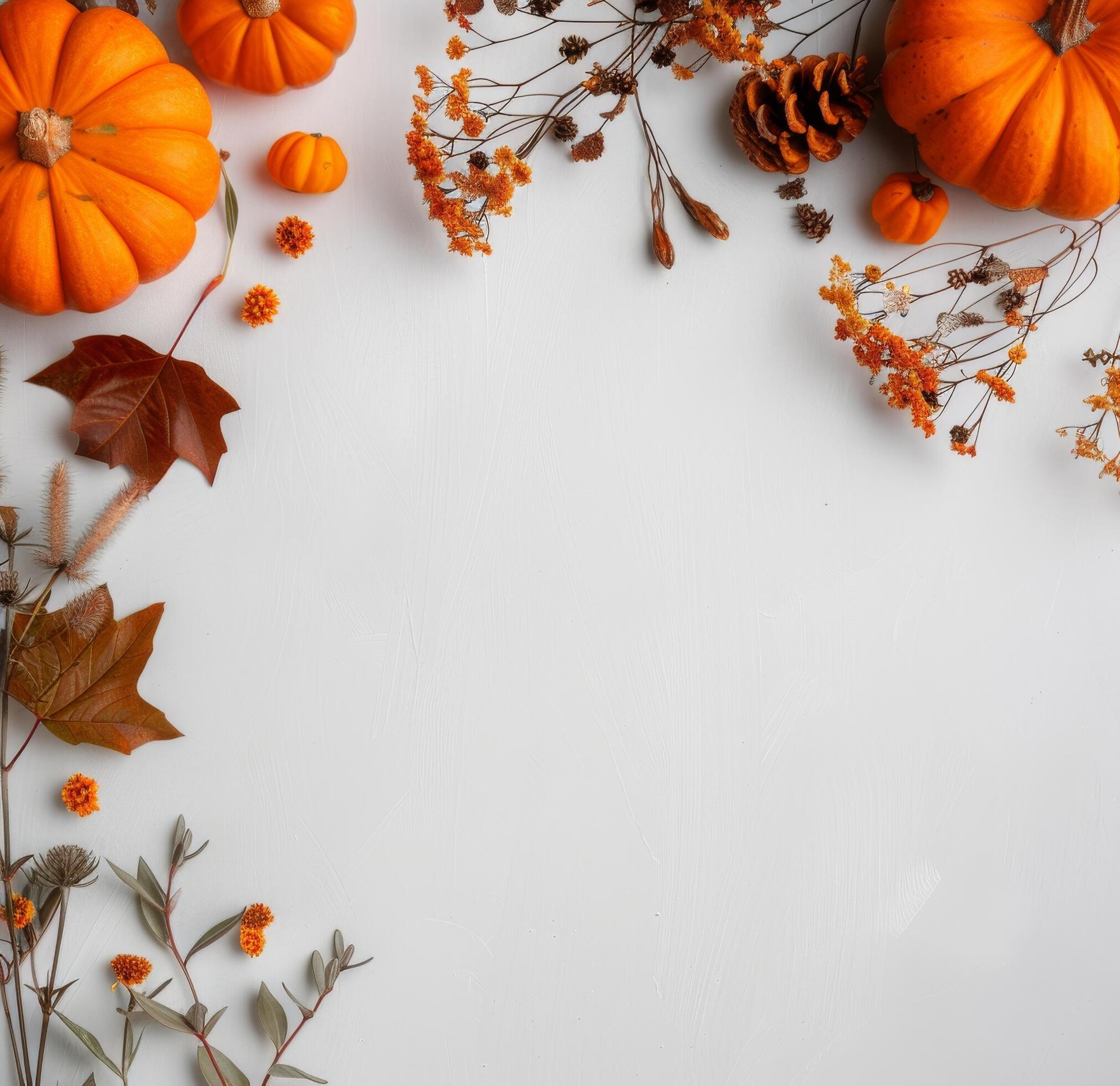 Autumn Leaves and Pumpkins on White Background Stock Free